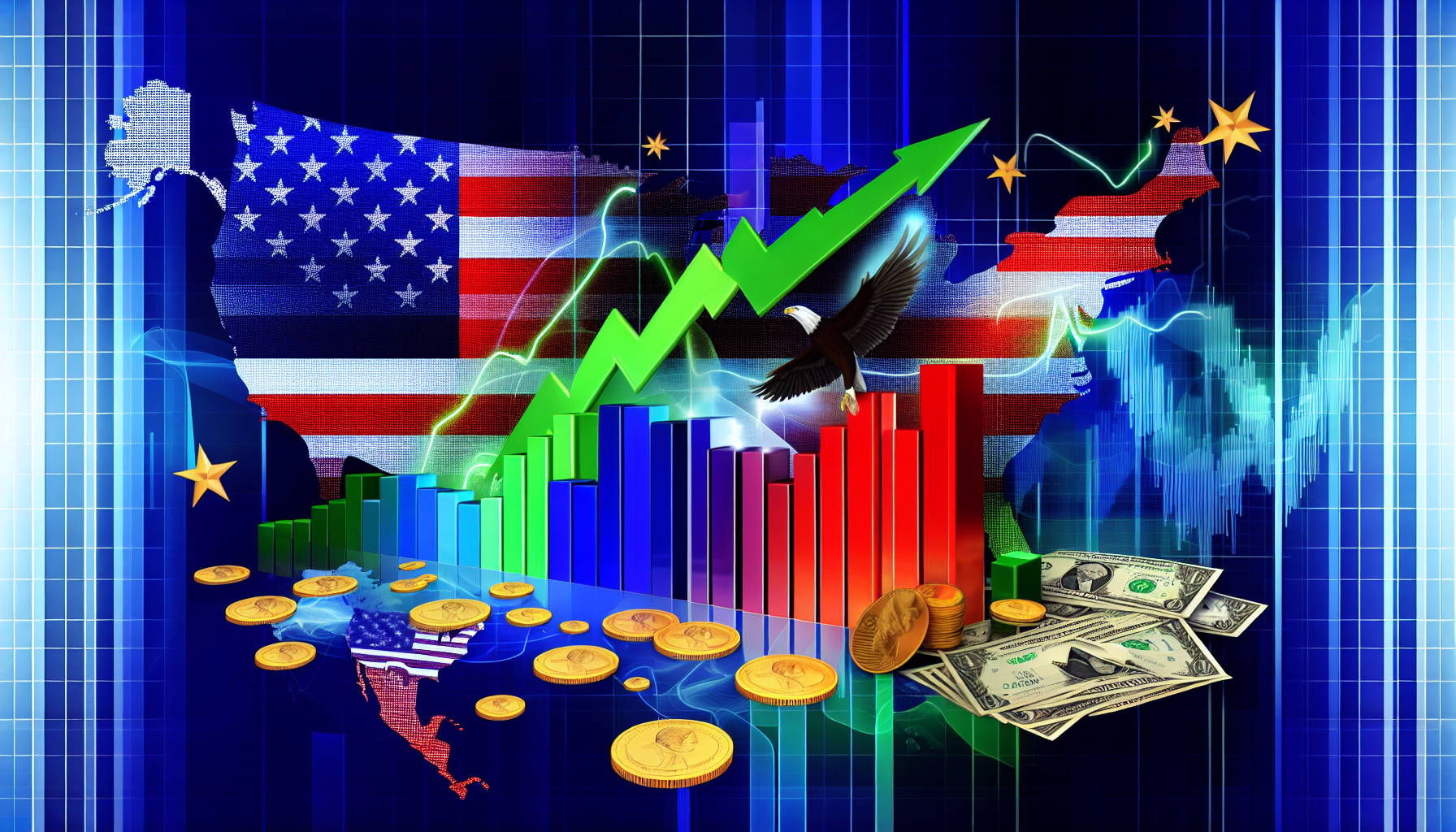 Eine beispielhafte Darstellung von Aktienfonds der Vereinigten Staaten. Sie zeigt die Aktien als steigende Balken auf einem Diagramm, vor dem Hintergrund einer stilisierten Karte der USA, die den Umfang und die Reichweite von US-Aktien verdeutlicht. Helle Farben wie GrÃ¼n, Blau und Rot zeigen verschiedene Leistungskennzahlen. MÃ¼nzen und Dollar-Scheine, die verstreut sind, reprÃ¤sentieren Investitionen und Renditen. Symbolische Elemente wie ein Adler, Sterne und Streifen fÃ¼gen eine Detailnote hinzu, die an den amerikanischen Geist erinnert. Das Bild fÃ¤ngt das Wesen der florierenden, dynamischen Welt der amerikanischen Aktienfonds ein.