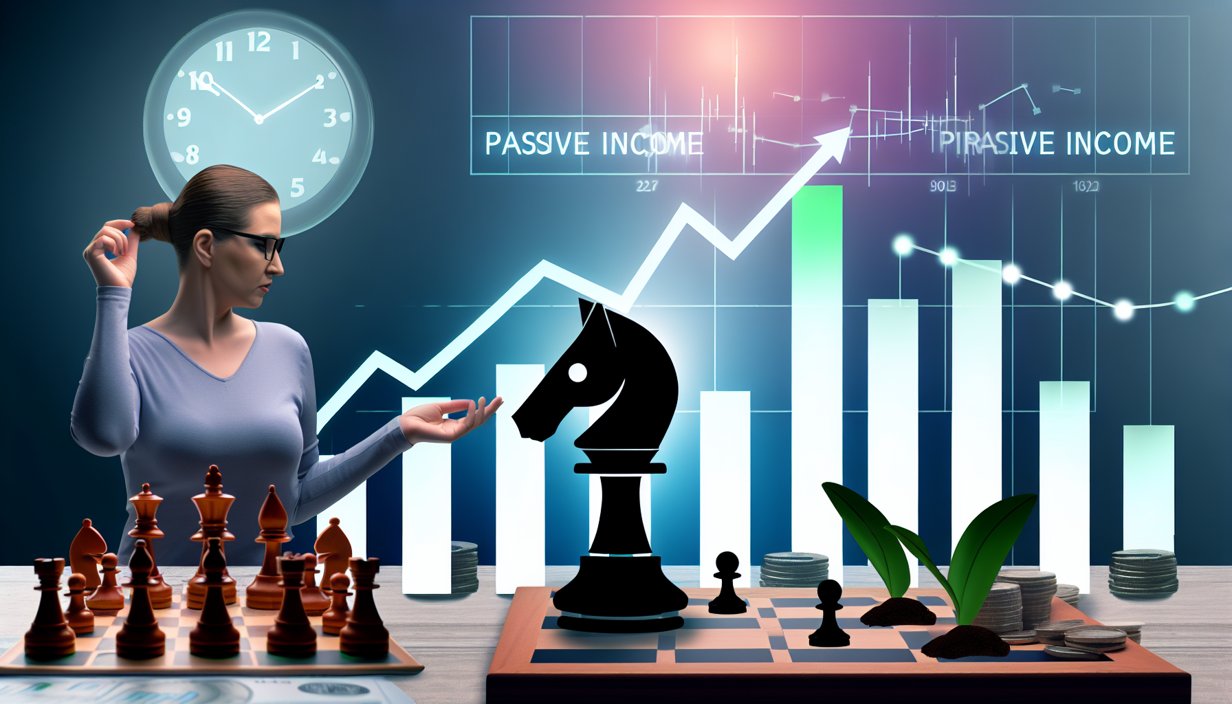 Ein Bild, das das Konzept des passiven Einkommens durch strategisches Denken und Planung darstellt. Dies kÃ¶nnte durch eine kaukasische Schachspielerin reprÃ¤sentiert werden, die das Schachbrett studiert, ihre Finger Ã¼ber einer Springerfigur schwebend, was Strategie symbolisiert. Auf der anderen Seite des Brettes ist ein Finanzdiagramm zu sehen, das steigende ErtrÃ¤ge zeigt und das passive Einkommen symbolisiert. Im Hintergrund ist eine Uhr zu sehen, die den fortschreitenden Zeitverlauf anzeigt, sowie ein Kalender mit wachsenden Pflanzen, der das Wachstum Ã¼ber die Zeit darstellt.