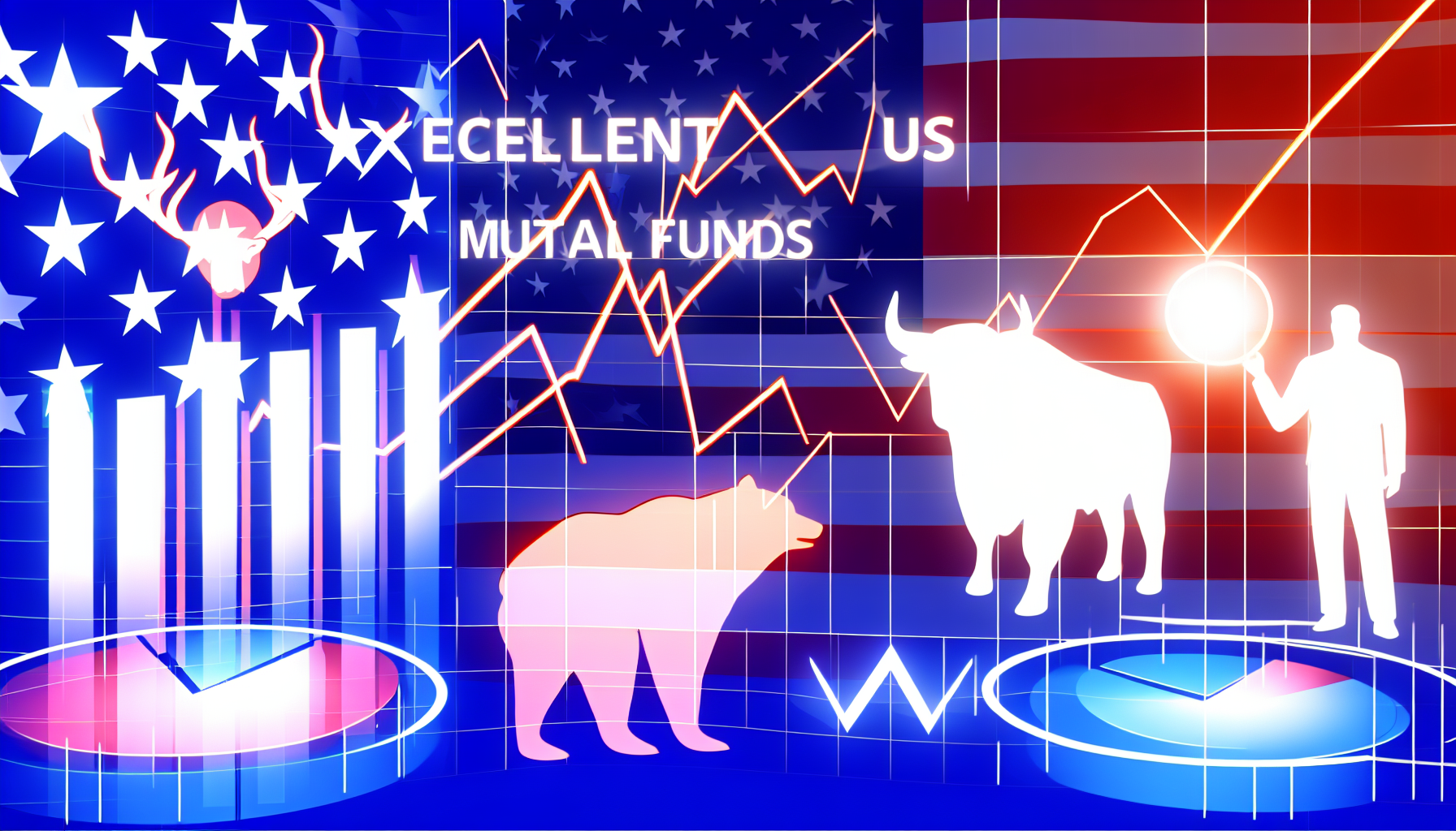 Eine abstrakte Illustration, die hervorragende US-Investmentfonds darstellt. Sie kÃ¶nnte Symbole wie einen Bullen und einen BÃ¤ren enthalten, die den Aktienmarkt reprÃ¤sentieren, Diagramme mit steigenden Trends zeigen und ein Motiv der amerikanischen Flagge beinhalten.