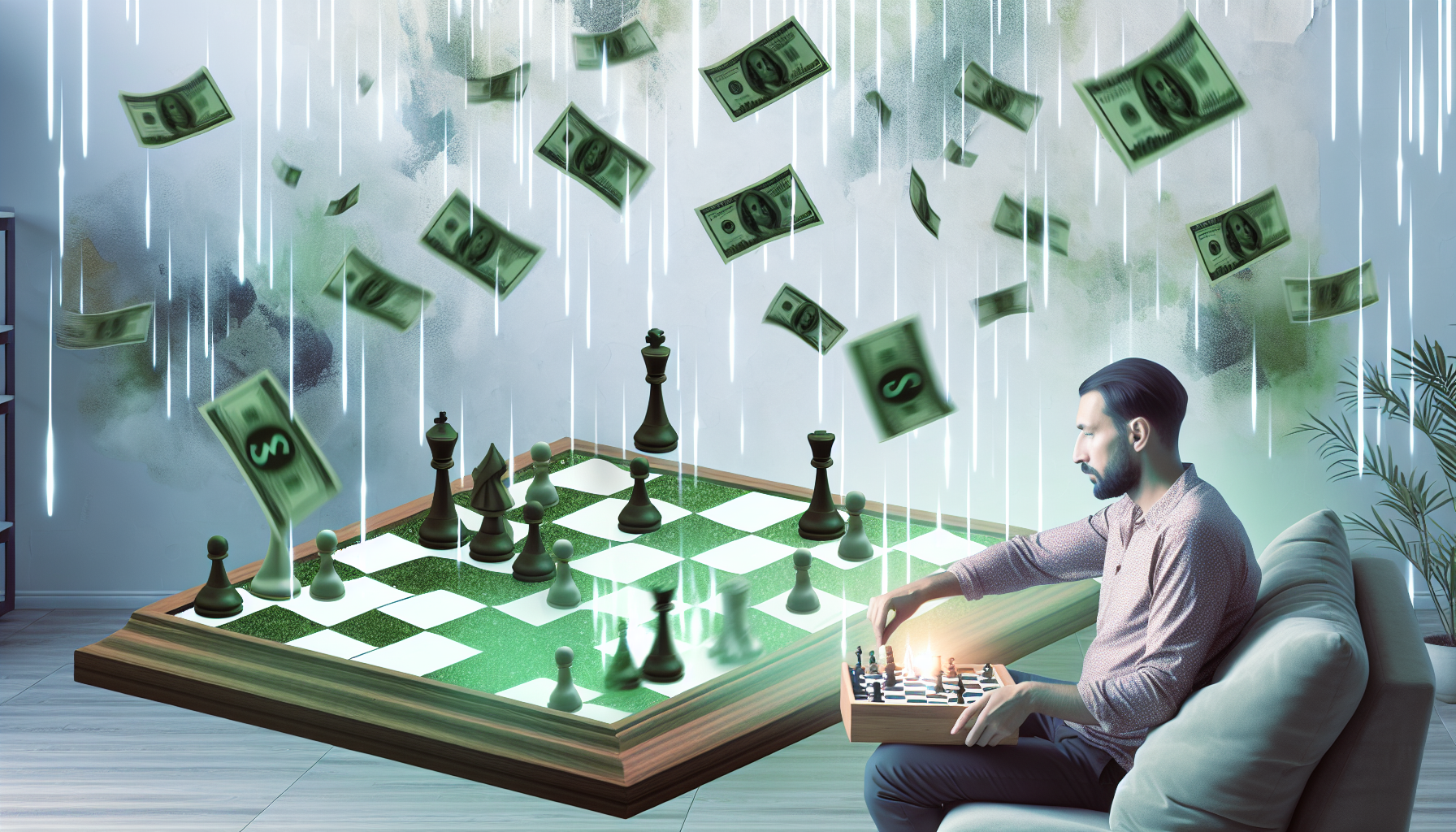 Visuelle Darstellung der passiven Einkommensgenerierung durch Strategie. Es kÃ¶nnte sich um ein konzeptionelles Kunstwerk handeln, das ein abstraktes Schachbrettspiel umfasst, mit einem kaukasischen Mann, der das Spiel analysiert und strategisches Denken reprÃ¤sentiert. Geldscheine fallen wie Regen im Hintergrund und symbolisieren passives Einkommen. Der Mann kÃ¶nnte in lÃ¤ssiger Kleidung in einem komfortablen Raum mit einer friedlichen Aura sitzen. Die Raumfarbe kann in neutralen TÃ¶nen gehalten sein, mit grÃ¼nen Elementen, die Wohlstand und Wachstum widerspiegeln.