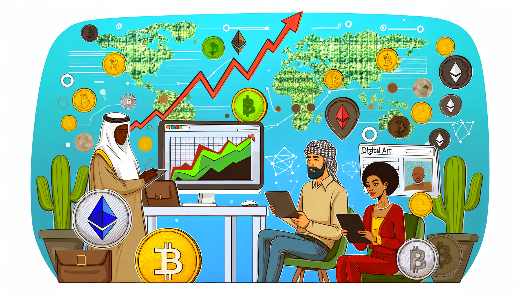 Ein illustriertes Konzept fÃ¼r passives Einkommen durch digitale VermÃ¶genswerte. Zeigen Sie eine vielfÃ¤ltige Szene, in der ein Mann aus dem Nahen Osten an seinem Computer sitzt und zusieht, wie seine KryptowÃ¤hrungen in die HÃ¶he schieÃŸen. Neben ihm sollte ein Diagramm zu sehen sein, das einen steilen Anstieg des Wertes zeigt und sein passives Einkommen symbolisiert. Auf der anderen Seite Ã¼berprÃ¼ft eine afrikanische Frau ihr Tablet, auf dem digitale Kunst angezeigt wird, was darauf hinweist, dass sie durch NFTs verdient. Im Hintergrund sollte eine Weltkarte zu sehen sein, die verschiedene Teile der Welt hervorhebt und einen globalen digitalen Markt impliziert. Im Vordergrund sollten verschiedene Arten von digitalen VermÃ¶genswerten wie Bitcoin, Ethereum und digitale Kunstwerke als Icons dargestellt werden.