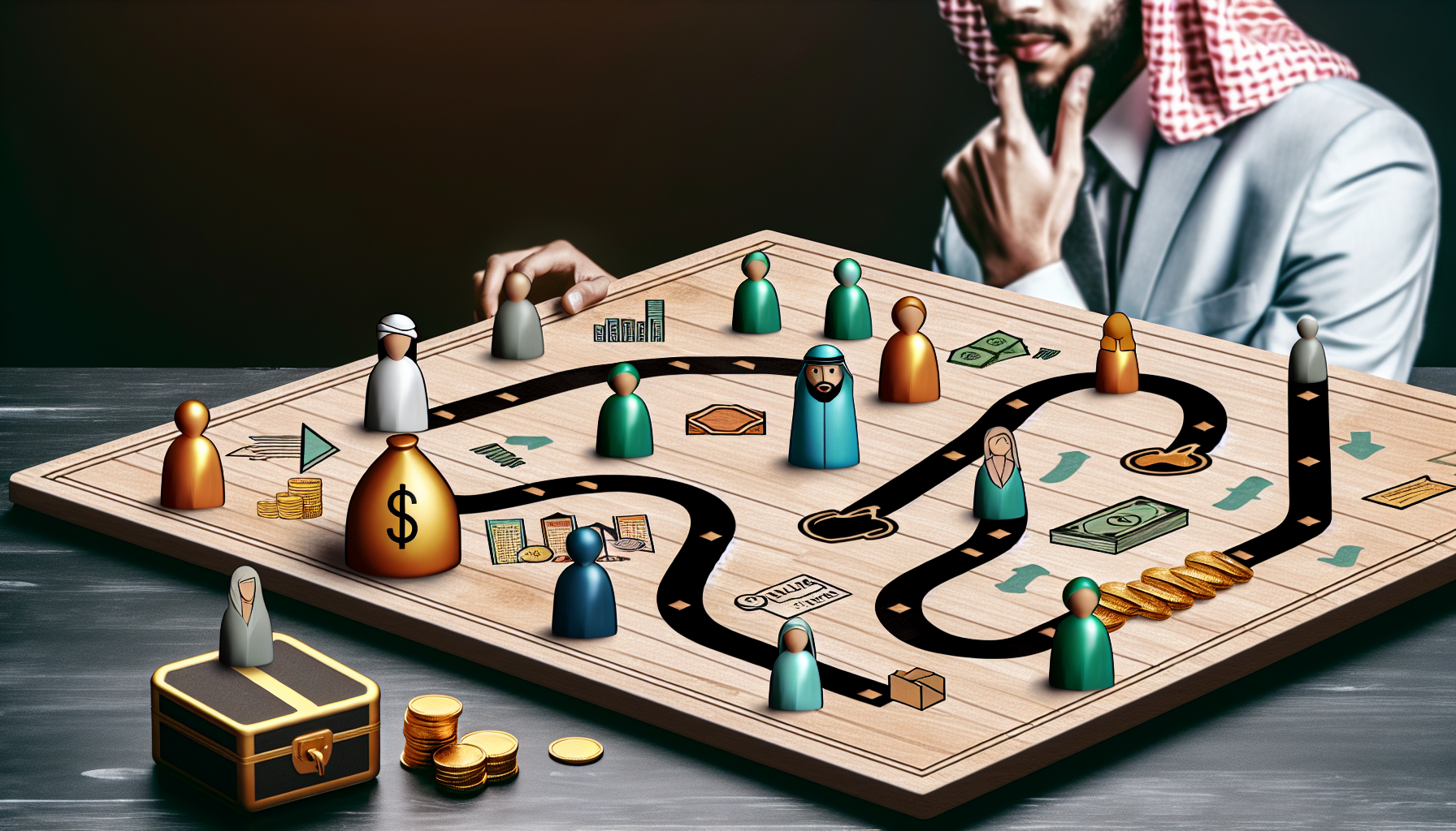 Illustration eines strategischen Brettspiels auf einem Holztisch, das passives Einkommen symbolisiert. Die Spielfiguren sind in Form verschiedener Investitionskan&Atilde;&curren;le gestaltet, wie Immobilien, Aktienm&Atilde;&curren;rkte und Online-Gesch&Atilde;&curren;fte. Das Spielbrett hat Wege, die unterschiedliche Strategien darstellen, die zu einem Tresor voller goldener M&Atilde;&frac14;nzen f&Atilde;&frac14;hren, was Wohlstand anzeigt. In der N&Atilde;&curren;he studiert eine Person mit mittlerer Herkunft, vermutlich der Spieler, nachdenklich das Brett, w&Atilde;&curren;hrend ihr Finger auf einer Spielfigur ruht. Menschen unterschiedlicher Herkunft und Geschlechter spielen jeweils mit ihren eigenen Spielfiguren, was die vielf&Atilde;&curren;ltigen Wege zu passivem Einkommen symbolisiert.