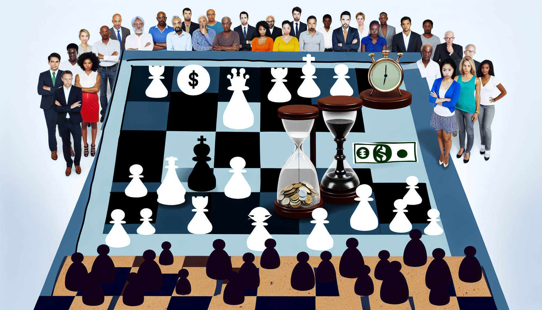 Visualisieren Sie die Idee des passiven Einkommens durch Strategie. Stellen Sie ein ausgewogenes Schachbrett dar, auf dem Figuren wie TÃ¼rme, LÃ¤ufer, Springer und Bauern stehen, sowie WÃ¤hrungssymbole auf einigen Feldern, die Einkommen reprÃ¤sentieren. Neben dem Schachbrett sollte eine laufende Sanduhr stehen, die den Zeitverlauf symbolisiert. Im Hintergrund sollte eine vielfÃ¤ltige Gruppe von Menschen zu sehen sein, die verschiedene Abstammungen reprÃ¤sentiert, darunter Kaukasier, Hispanics, Schwarze, Menschen aus dem Nahen Osten und SÃ¼dasien, die das Spiel beobachten und strategische Planung andeuten. Achten Sie darauf, dass auf ihren Gesichtern nachdenkliche AusdrÃ¼cke zu sehen sind, die die Strategie hinter dem Verdienen von passivem Einkommen betonen.