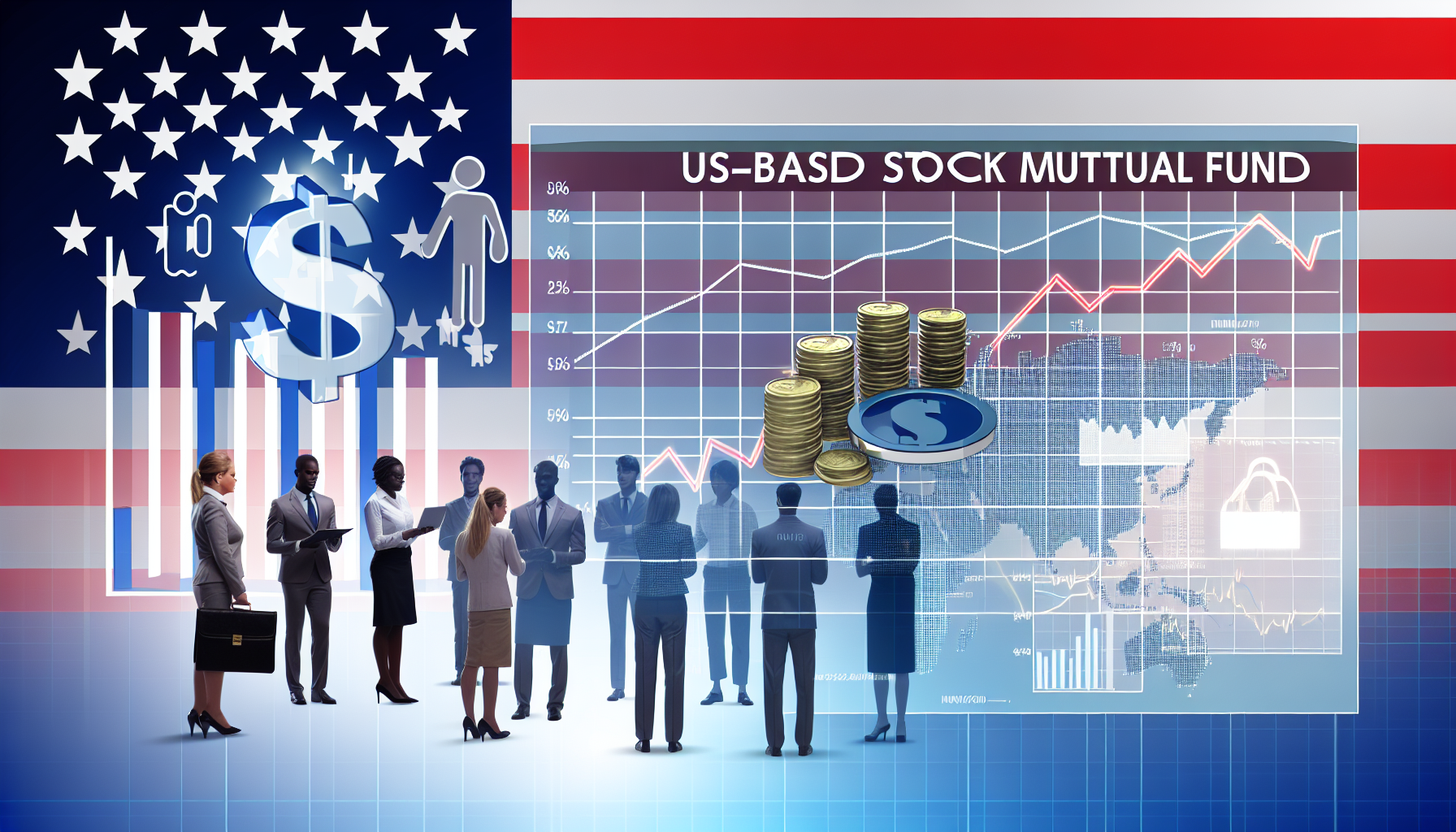 Eine visuelle Darstellung eines in den USA ansÃ¤ssigen Aktienfonds. Das Bild sollte ein Diagramm zeigen, das das Wachstum und die Leistung dieses Fondstyps im Laufe der Zeit darstellt. FÃ¼gen Sie andere verwandte Symbole wie das Dollarzeichen, MÃ¼nzstapel und Liniendiagramme hinzu, um die finanziellen Aspekte des Fonds darzustellen. Betonen Sie den Hintergrund mit einer amerikanischen Flagge, die auf seinen US-Ursprung hinweist. Neben den Hauptelementen sollte auch eine vielfÃ¤ltige Gruppe von Menschen unterschiedlicher Abstammung zu sehen sein, darunter Kaukasier, Hispanics, Schwarze, Menschen aus dem Nahen Osten und SÃ¼dasien, die die Leistung des Fonds analysieren und diskutieren.