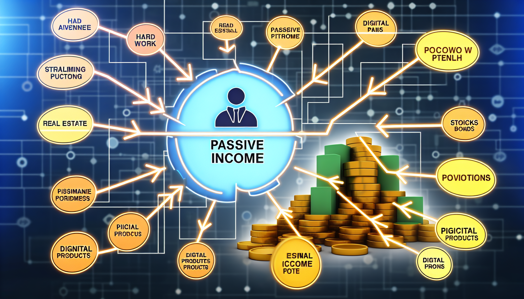 Eine grafische Darstellung einer Strategie, die zu passivem Einkommen führt. Das Bild zeigt eine Mindmap, die von einem Symbol ausgeht, das harte Arbeit oder Strategie repräsentiert. Davon abzweigend besteht sie aus verschiedenen passiven Einkommensströmen wie Immobilien, Aktien, Anleihen und digitalen Produkten. Jeder Zweig teilt sich weiter in spezifische Kategorien und bietet einen detaillierten Überblick über die verfügbaren Optionen. Im Hintergrund sieht man einen Haufen Goldmünzen, der das Potenzial zur Vermögensakkumulation symbolisiert.