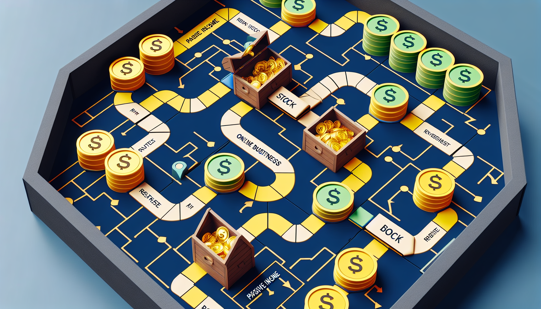 Eine Illustration, die das Konzept des passiven Einkommens durch Strategie darstellt. Das Bild zeigt ein aufwÃ¤ndiges Spielbrett mit mehreren Wegen und Spielfiguren. Jede Spielfigur reprÃ¤sentiert verschiedene Investitionsstrategien wie Immobilien, Aktien und Online-GeschÃ¤fte. Am Ende des Spielbretts befindet sich eine Truhe voller goldener MÃ¼nzen, die reichhaltiges passives Einkommen symbolisiert.