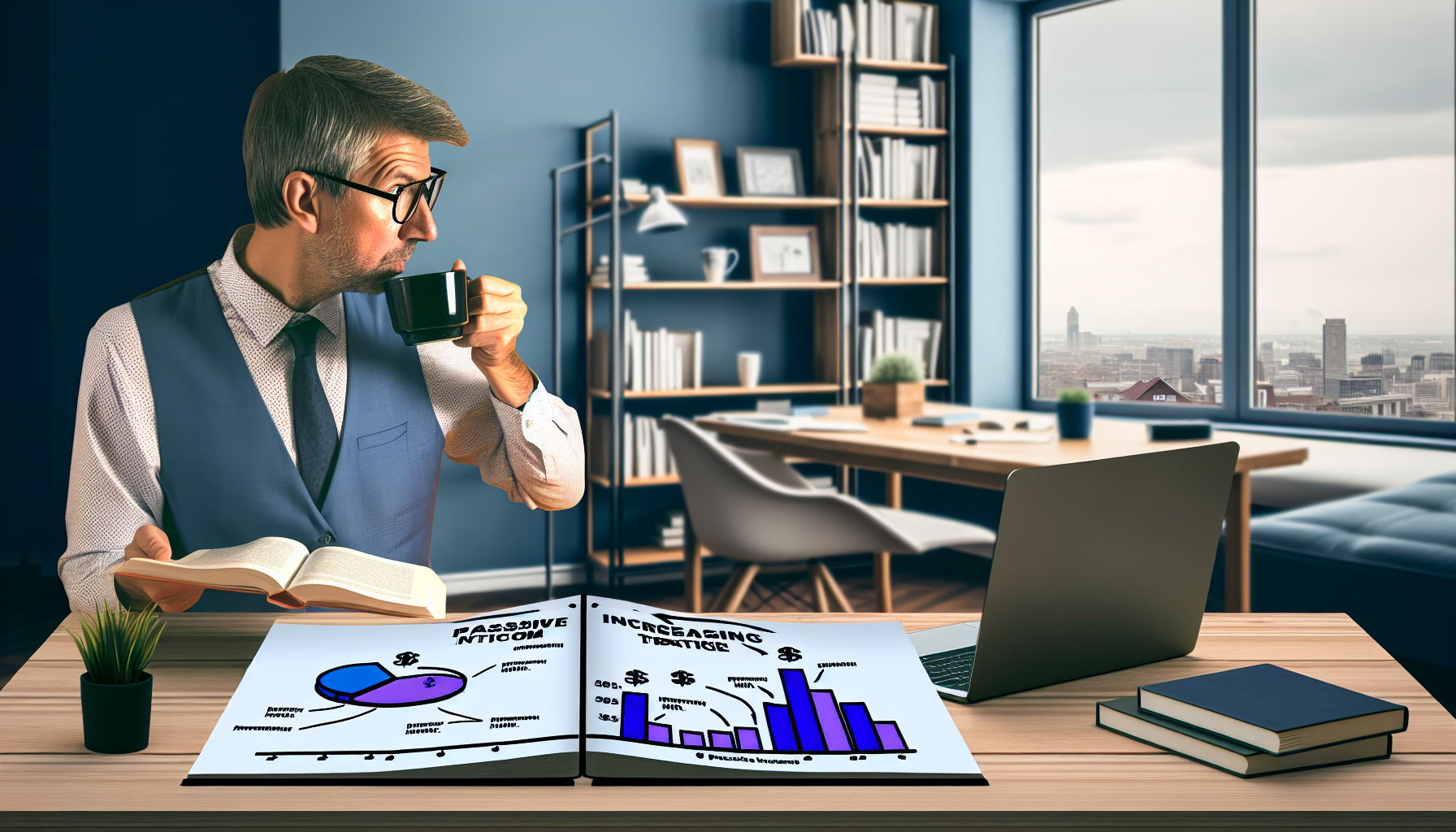Eine Illustration eines Konzepts für eine passive Einkommensstrategie. Zeigen Sie eine Nahaufnahme eines Individuums, eines kaukasischen Mannes in seinen 40ern, der Kaffee trinkt, während er ein Buch über Investitionsstrategien studiert. Auf dem Tisch ist ein Laptop zu sehen, der Grafiken anzeigt, die steigende Einnahmen darstellen. Außerdem liegen auf dem Tisch weitere Bücher über passives Einkommen und ein Notizblock für Notizen. Der Raum um ihn herum zeigt ein komfortables Home-Office-Setup, ausgestattet mit einem Schreibtisch, einem Stuhl, einem großen Fenster, das reichlich Sonnenlicht hereinlässt, und Bücherregalen, die mit verschiedenen Büchern gefüllt sind. Die gesamte Atmosphäre der Szene sollte ruhig und nachdenklich sein.