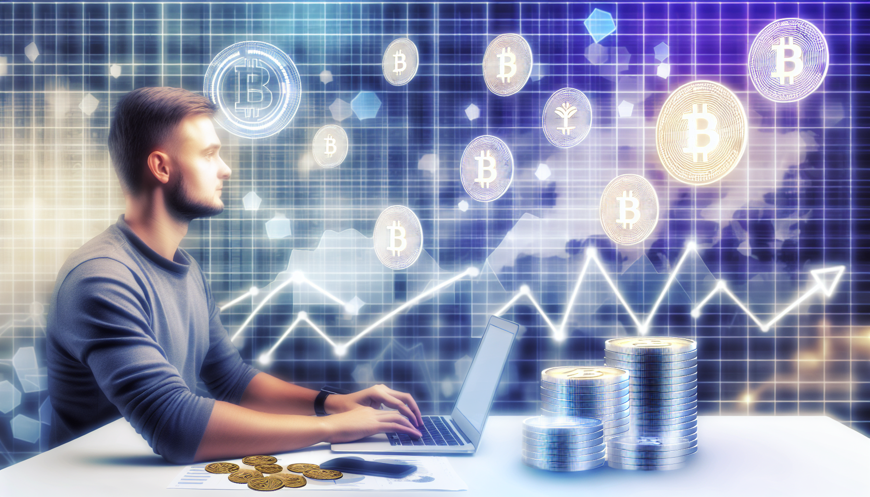 Stellen Sie ein Konzept zur Generierung von passivem Einkommen durch digitale Vermögenswerte dar. Zeigen Sie einen kaukasischen Mann, der vor seinem Laptop sitzt und Daten und Statistiken zu digitalen Vermögenswerten überprüft. Die digitalen Vermögenswerte können durch verschiedene kryptografische Symbole dargestellt werden. Im Hintergrund sollte ein steigendes Grafikdiagramm zu sehen sein, das finanzielles Wachstum anzeigt, sowie ein Fluss von Münzen, der den Einkommensstrom symbolisiert. All dies sollte in einer modernen, technologieaffinen Umgebung platziert sein.