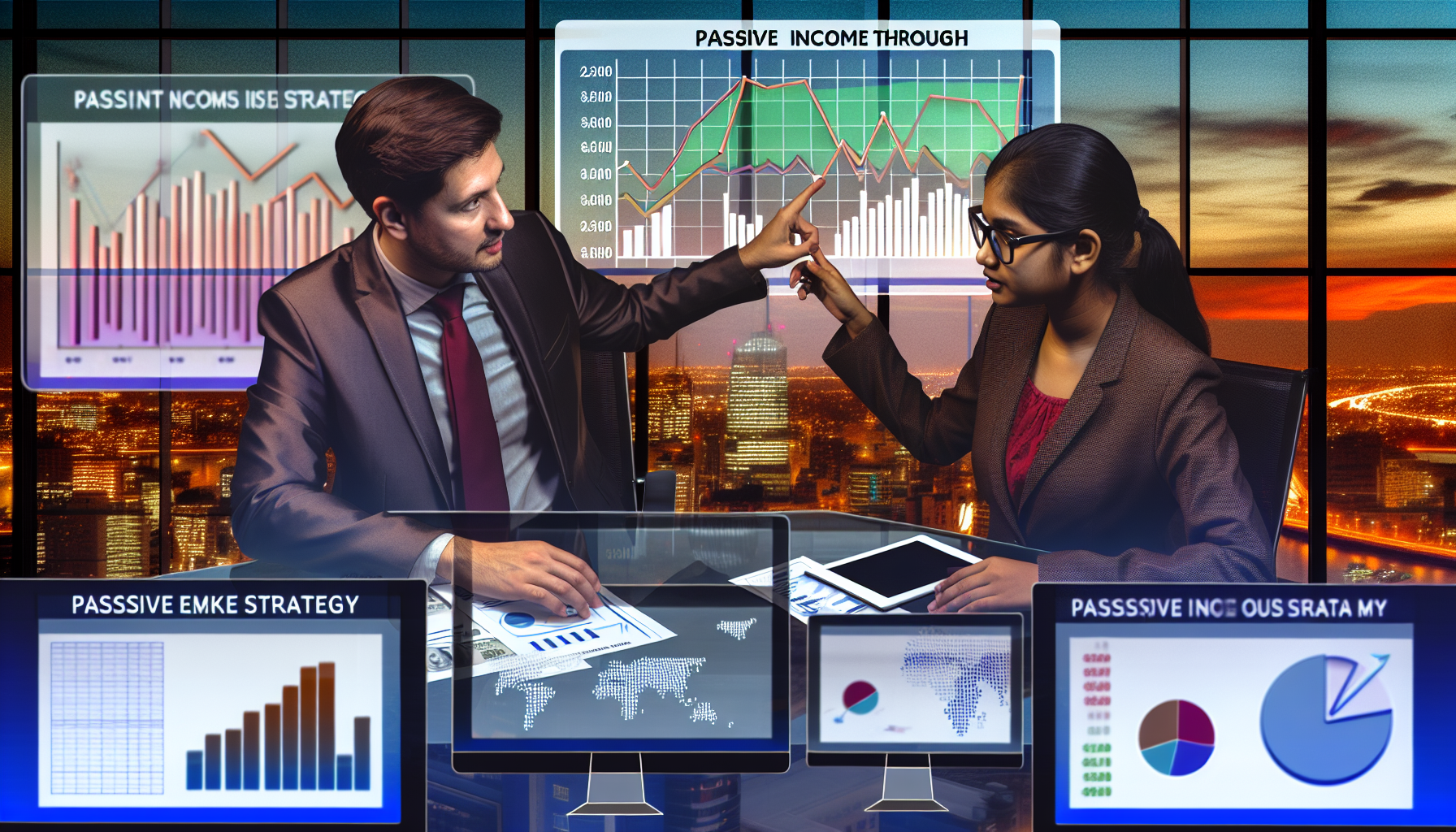 Eine visuelle Darstellung von passivem Einkommen durch Strategie, die zwei Personen in einer Diskussion Ã¼ber einen Konferenztisch zeigt, der mit verschiedenen Diagrammen und finanziellen Grafiken gefÃ¼llt ist. Eine Person, ein kaukasischer Mann im Anzug, zeigt auf ein Diagramm, das exponentielles Wachstum veranschaulicht, wÃ¤hrend die andere Person, eine sÃ¼dasiatische Frau mit Brille und Businesskleidung, Notizen auf einem digitalen Tablet macht. Sie sind von Computerbildschirmen umgeben, die Statistiken des Aktienmarktes und Wechselkurse anzeigen. Im Hintergrund zeigt ein Fenster die Skyline einer Stadt bei Sonnenuntergang, was das Ende eines arbeitsamen Tages symbolisiert.