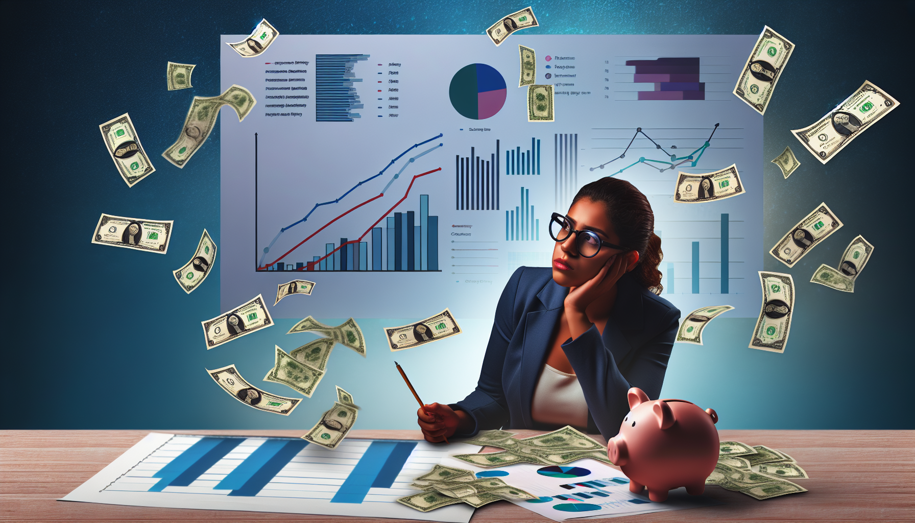 Erstellen Sie ein Bild, das das Konzept des passiven Einkommens durch Strategie darstellt. Zeigen Sie eine Frau hispanischer Abstammung, die in intensive Gedanken vertieft ist und ein Board mit Geschäftsplänen und potenziellen Investitionen studiert. Sie ist umgeben von Grafiken und Diagrammen, die steigende Gewinne anzeigen, sowie einem Sparschwein, das allmählich größer wird. Die Umgebung ist friedlich und deutet darauf hin, dass sie die Früchte ihrer Arbeit genießt, während sie schläft, mit Geldscheinen, die um sie herum schweben.