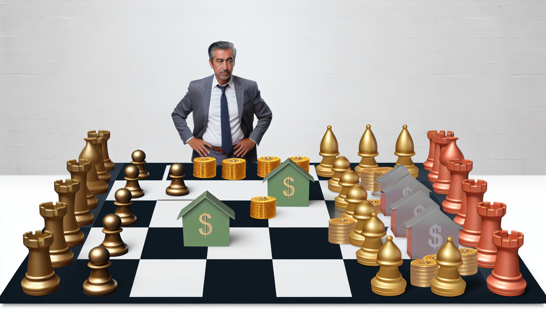 Eine Illustration des Konzepts des passiven Einkommens durch die richtige Strategie. Zeigen Sie ein Schachbrett, auf dem jede Schachfigur eine andere Einkommensquelle darstellt, wie Immobilien, Aktien und Anleihen. Auf einer Seite des Schachbretts steht ein mittelalter Mann hispanischer Abstammung, gekleidet in Business-Casual-Kleidung, der die Figuren bewegt. Auf der anderen Seite des Schachbretts befindet sich ein Haufen goldener MÃ¼nzen, der das passive Einkommen reprÃ¤sentiert, das er mit seinen strategischen ZÃ¼gen generiert.