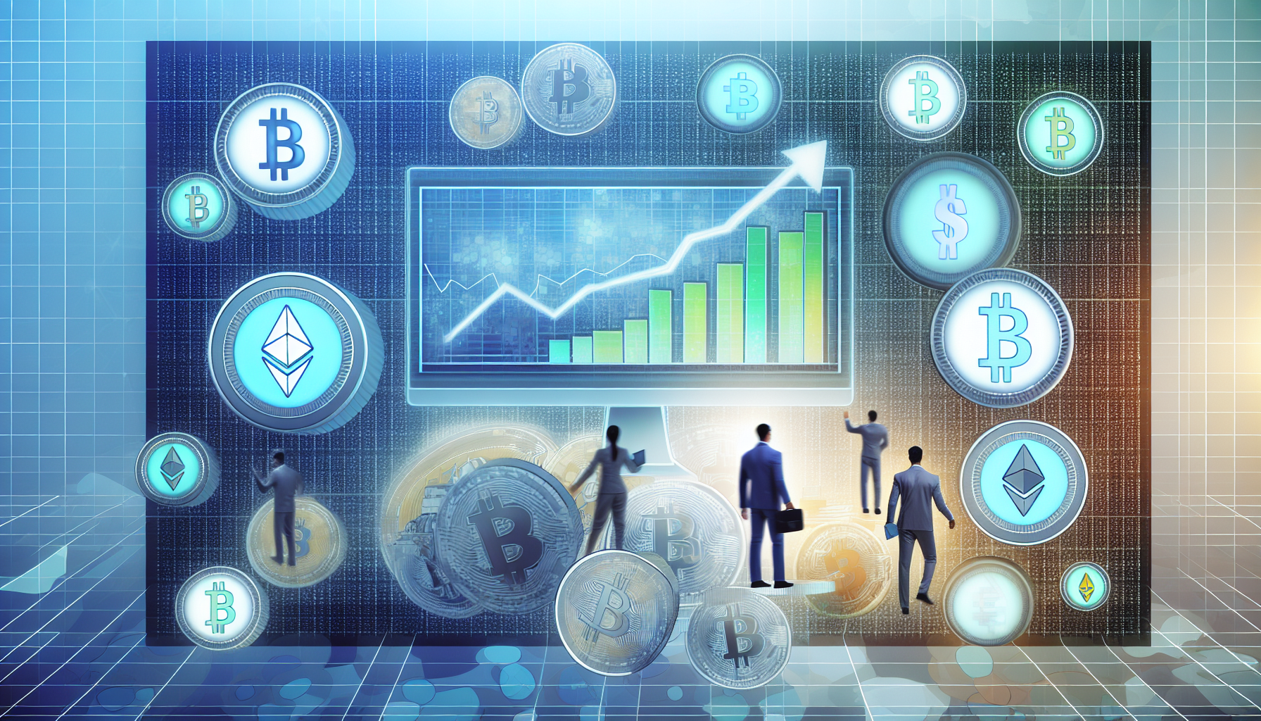 Eine visuell ansprechende Darstellung des passiven Einkommens mit digitalen Vermögenswerten. Zeigen Sie eine Vielzahl von erkennbaren digitalen Vermögenswerten wie Kryptowährungs-Münzen wie Bitcoin, Ether und andere, mit einem Computer im Hintergrund, der diese digitalen Währungen generiert. Fügen Sie eine Visualisierung des Aufwärtstrends hinzu, wie Grafiken und Diagramme, um den Anstieg ihres Wertes im Laufe der Zeit darzustellen und somit passives Einkommen zu symbolisieren. Verwenden Sie subtile, beruhigende Farben und integrieren Sie Blau- und Grüntöne, um die Stabilität des passiven Einkommens darzustellen. Fügen Sie einige menschliche Elemente hinzu, die eine vielfältige Gruppe von Menschen zeigen, die von ihren digitalen Investitionen profitieren.