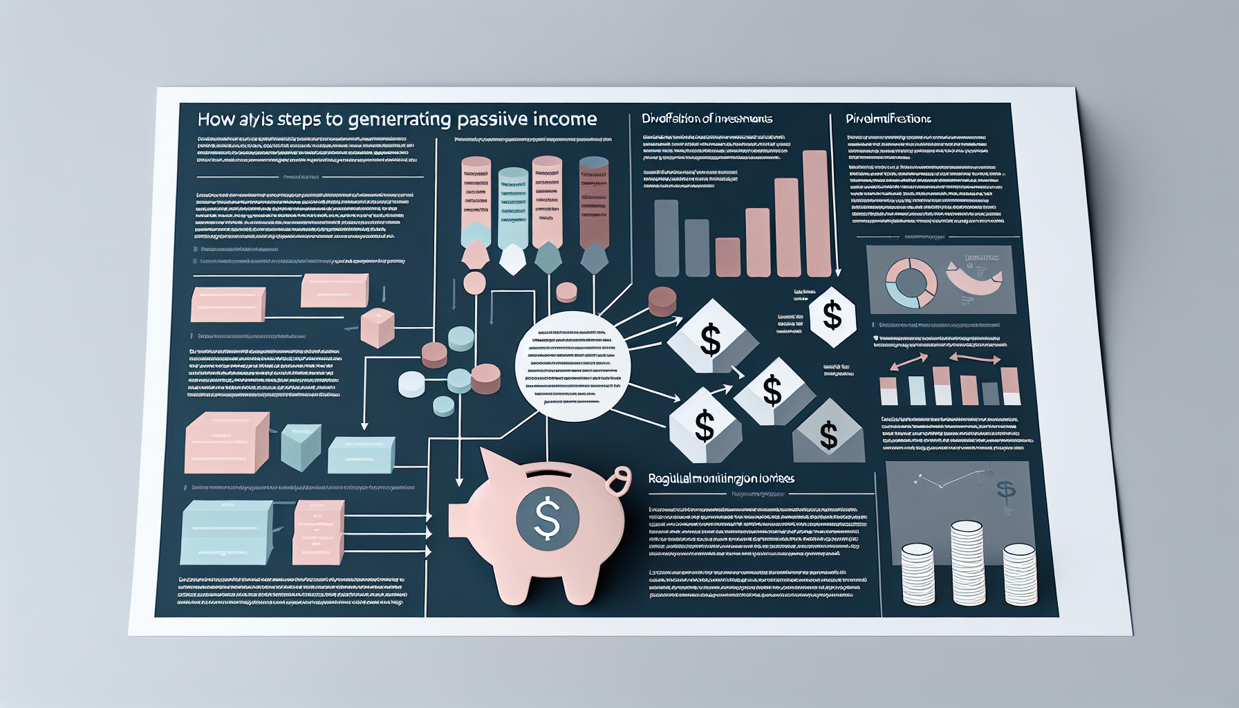 Eine Infografik, die eine Strategie zur Generierung von passivem Einkommen darstellt. Sie umfasst mehrere Schritte, von der anfänglichen Investition über die Diversifizierung der Investitionen bis hin zur regelmäßigen Überwachung der investierten Immobilien oder Aktien. Außerdem beschreibt sie die Umsetzung der Strategie im Laufe der Zeit und die potenziellen Renditen. Die Infografik hat ein minimalistisches Design, das verschiedene Textblöcke und einfache, aber informative Diagramme verwendet, um die Strategie des passiven Einkommens darzustellen. Das zentrale Bild ist ein Sparschwein, das die Vermögensakkumulation symbolisiert, umgeben von Flussdiagrammen und Diagrammen, die die Strategie veranschaulichen.