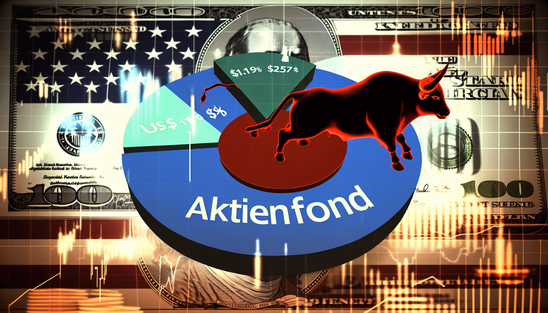 Eine visuelle Darstellung eines in den USA ansÃ¤ssigen Aktienfonds. Zeigen Sie ein abstraktes Konzept mit einem Tortendiagramm, das die Verteilung der Investitionen des Fonds Ã¼ber verschiedene Branchen in Amerika darstellt, platziert vor einem Hintergrund aus US-Dollar-Scheinen. FÃ¼gen Sie Symbole hinzu, die mit dem Aktienmarkt verbunden sind, wie einen kÃ¤mpfenden Bullen und BÃ¤ren, die die finanzielle VolatilitÃ¤t reprÃ¤sentieren. Stellen Sie keine realen Personen, Unternehmenslogos oder identifizierbare Marken dar.