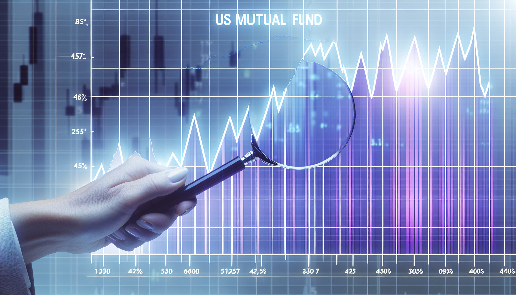 Ein Bild zeigt ein Diagramm, das die Performance eines in den USA ansÃ¤ssigen Investmentfonds darstellt. Das Diagramm wird durch eine dynamische Kurve angezeigt, die beim Ãœbergang von links nach rechts stark ansteigt und fÃ¤llt, was die VolatilitÃ¤t des Aktienmarktes hervorhebt. Die Achsen sind deutlich mit Zahlen beschriftet, und der Titel des Diagramms, der oben in der Mitte geschrieben ist, lautet 'US Mutual Fund'. Eine Hand ist zu sehen, die eine Lupe Ã¼ber das Diagramm hÃ¤lt, was die genaue Analyse der Performance des Fonds symbolisiert. Das Ã¼bergeordnete Thema ist finanziell und analytisch.