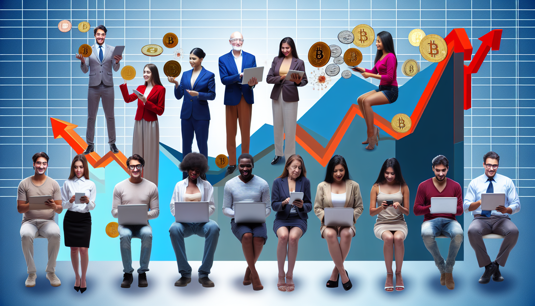 Eine konzeptionelle Szene, die passives Einkommen aus digitalen VermÃ¶genswerten veranschaulicht. Eine vielfÃ¤ltige Gruppe von MÃ¤nnern und Frauen, die kaukasischer, hispanischer, schwarzer, nahÃ¶stlicher, sÃ¼dasiatischer und ostasiatischer Abstammung sind, wird dargestellt. Jeder Einzelne interagiert mit verschiedenen digitalen GerÃ¤ten wie Laptops, Tablets und Smartphones und zeigt so sein Engagement in verschiedenen Online-Einkommensstrategien wie KryptowÃ¤hrungsinvestitionen, NFTs und anderen digitalen VermÃ¶genswerten. Im Hintergrund projiziert ein Diagramm das Wachstum ihres digitalen VermÃ¶gens im Laufe der Zeit. Die gesamte Szene strahlt PositivitÃ¤t aus und deutet auf finanzielles Wachstum und UnabhÃ¤ngigkeit hin.
