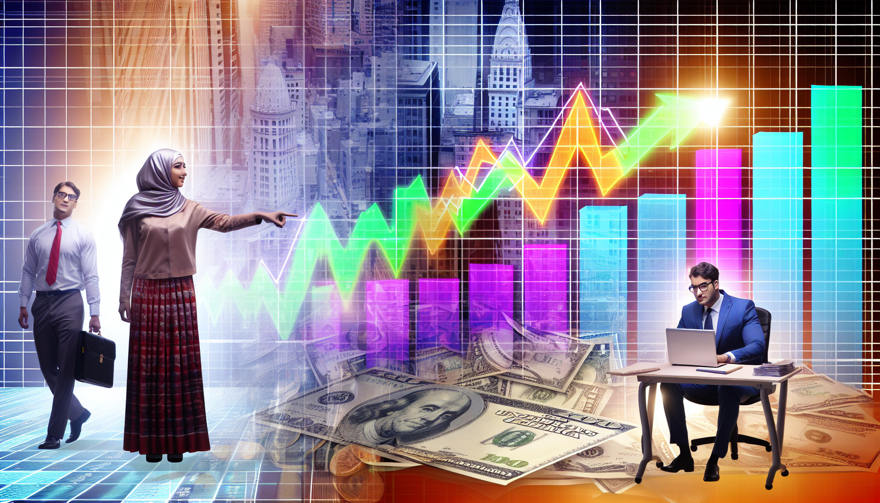 Ein herausragender US-Aktienfonds wird als auffÃ¤lliges, farbenfrohes Diagramm dargestellt, das den steigenden Trend des Fonds Ã¼ber die Jahre veranschaulicht. Das Diagramm ist vor der Kulisse von Wall Street mit Wolkenkratzern und geschÃ¤ftigen HÃ¤ndlern platziert. Eine HÃ¤ndlerin, eine Frau aus dem Nahen Osten, zeigt auf den HÃ¶hepunkt des Diagramms, wÃ¤hrend ein anderer HÃ¤ndler, ein hispanischer Mann, die Daten sorgfÃ¤ltig studiert. Dollar-Bills und MÃ¼nzen sind verstreut, um das finanzielle Thema widerzuspiegeln.