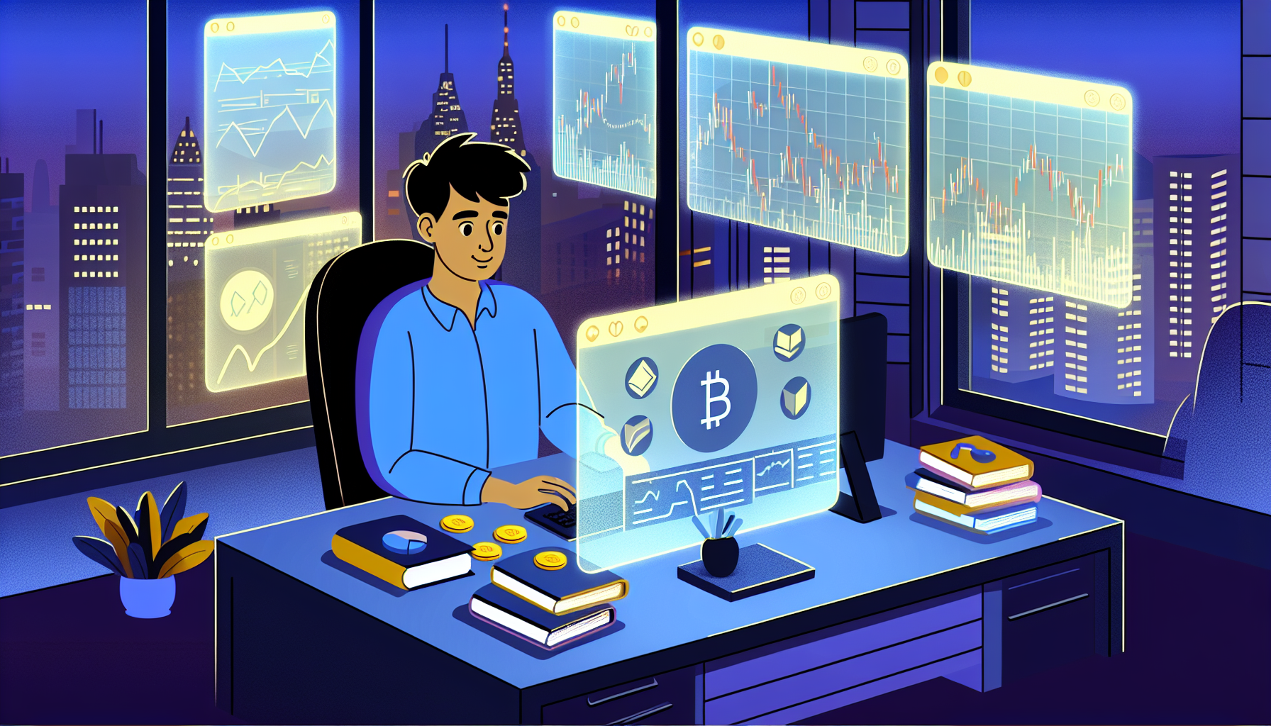 Illustration einer Person hispanischer Abstammung und mÃ¤nnlichen Geschlechts, die an einem Schreibtisch in einem modernen Homeoffice sitzt und mehrere Bildschirme studiert, die AktienmÃ¤rkte, KryptowÃ¤hrungen und andere Arten von Investitionen anzeigen. Er konzentriert sich auf seine Strategie, um ein nachhaltiges passives Einkommen zu sichern. Um ihn herum liegen Stapel von WirtschaftsbÃ¼chern und Diagrammen mit verschiedenen Grafiken und Zahlen. Durch das Fenster ist die Skyline der Stadt im DÃ¤mmerlicht zu sehen. Ein schwaches Licht von den Bildschirmen erhellt sein engagiertes Gesicht.