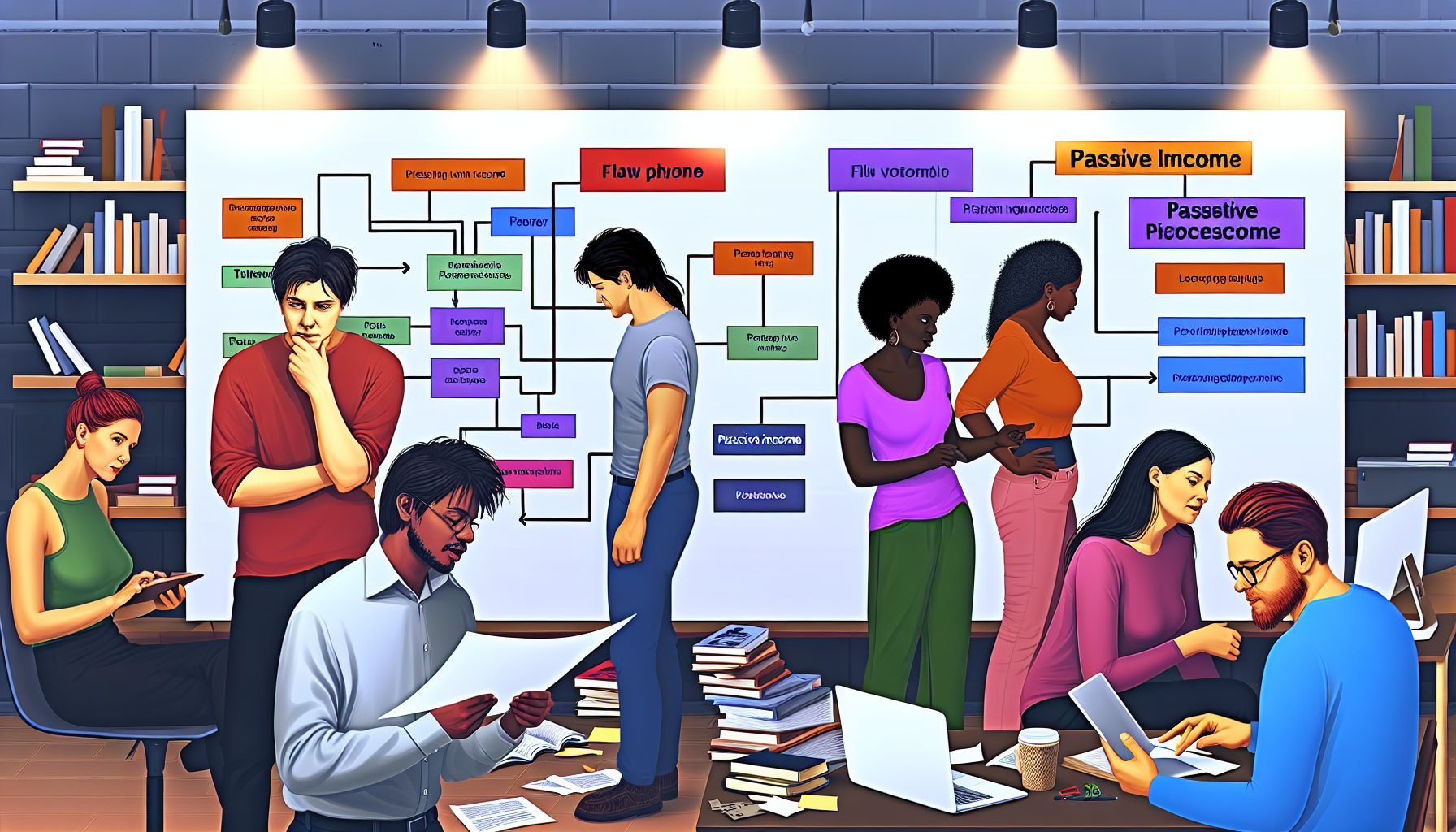 Eine Illustration einer vielfÃ¤ltigen Gruppe von Menschen, die gemeinsam Strategien fÃ¼r passives Einkommen entwickeln. Im Vordergrund betrachten ein kaukasischer Mann und eine afrikanische Frau aufmerksam ein Flussdiagramm an einer groÃŸen Tafel, das verschiedene Quellen fÃ¼r passives Einkommen darstellt. Auf der anderen Seite brainstormen eine hispanische Frau und ein sÃ¼dasiatischer Mann Ideen an einem Laptop. Im Hintergrund sind BÃ¼cher, Plakatscharts und Haftnotizen zu sehen, die verschiedene Wissensressourcen und Strategien reprÃ¤sentieren. Die AtmosphÃ¤re des Raumes ist fokussiert und gleichzeitig kooperativ, was die strategische Natur ihres Strebens nach passivem Einkommen widerspiegelt.