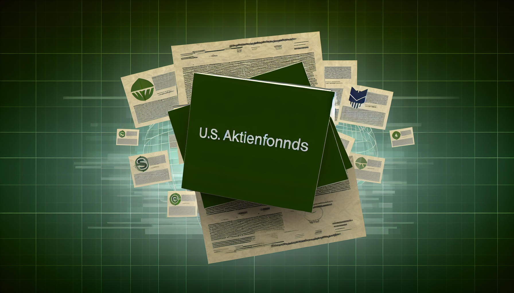 Eine Konzeptvisualisierung eines Finanzprodukts, bekannt als U.S. Aktienfonds. Das Bild sollte einen soliden Hintergrund zeigen, mit einer illustrativen Grafik eines Portfolios, das eine Mischung aus fiktiven Aktienzertifikaten enthÃ¤lt, die jeweils mit symbolischen Logos hypothetischer US-Unternehmen beschriftet sind. Die dargestellten Papiere sollten variabel Ã¼berlappen und in einer Ã¤sthetisch ansprechenden Weise angeordnet sein. Die dominierenden Farben sollten GrÃ¼n, das Wachstum und Wohlstand symbolisiert, und Blau, das StabilitÃ¤t und Vertrauen symbolisiert, sein. Der Titel 'U.S. Aktienfonds' sollte prominent angezeigt werden.