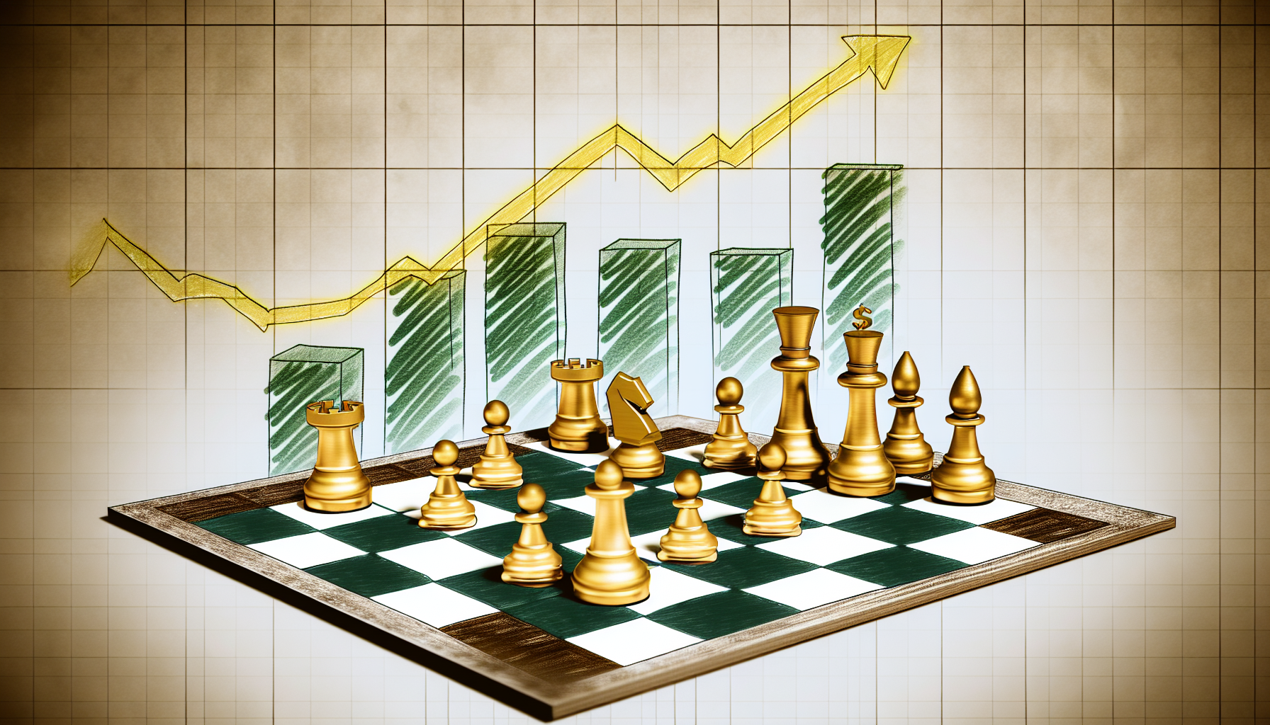 Ein Bild, das das Konzept des passiven Einkommens durch Strategie darstellt. Es enthält eine Grafik eines gut gezeichneten Schachbretts mit einigen strategisch angeordneten Schachfiguren. Diese Figuren sind aus Gold, was Wohlstand symbolisiert. Im Hintergrund ist ein aufsteigendes Diagramm zu sehen, das einen Anstieg des Einkommens symbolisiert. Dieses Bild soll in einem realistischen Stil gezeichnet werden, farbig, aber professionell gehalten mit goldenen Akzenten und sattem Grün.