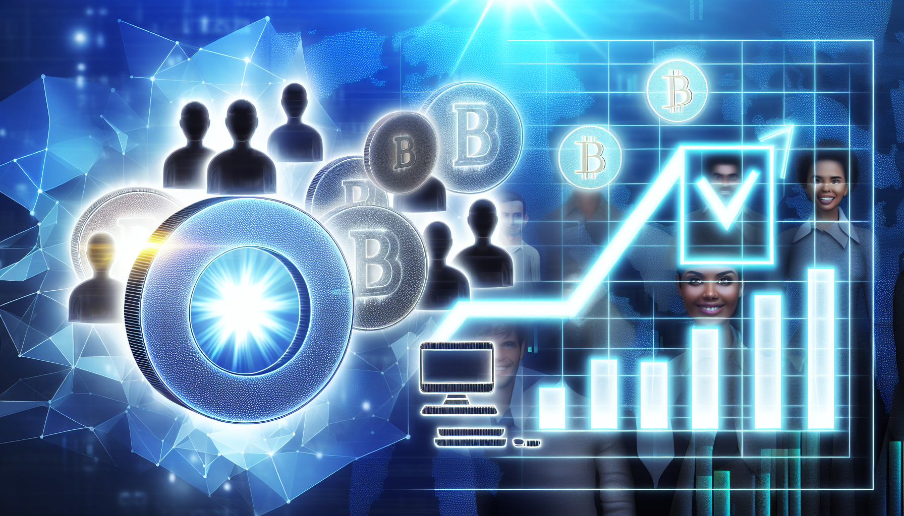 Eine konzeptionelle Darstellung des Verdienens von passivem Einkommen durch digitale VermÃ¶genswerte. Die Szene umfasst symbolische Elemente wie glÃ¤nzende, abstrahierte Versionen digitaler MÃ¼nzen, die einen strahlenden Glanz ausstrahlen und Wert sowie Potenzial implizieren. Im Hintergrund ist ein Diagramm zu sehen, das eine aufwÃ¤rts gerichtete Kurve zeigt, die das Wachstum des Einkommens symbolisiert. Um das menschliche Element zu betonen, sind eine vielfÃ¤ltige Gruppe von Individuen unterschiedlicher Herkunft - kaukasisch, hispanisch, schwarz, nahÃ¶stlich, sÃ¼dasiatisch - in verschiedenen Phasen der Interaktion mit diesen digitalen VermÃ¶genswerten dargestellt, sei es Ã¼ber einen Computer, ein mobiles GerÃ¤t oder eine futuristische Schnittstelle.