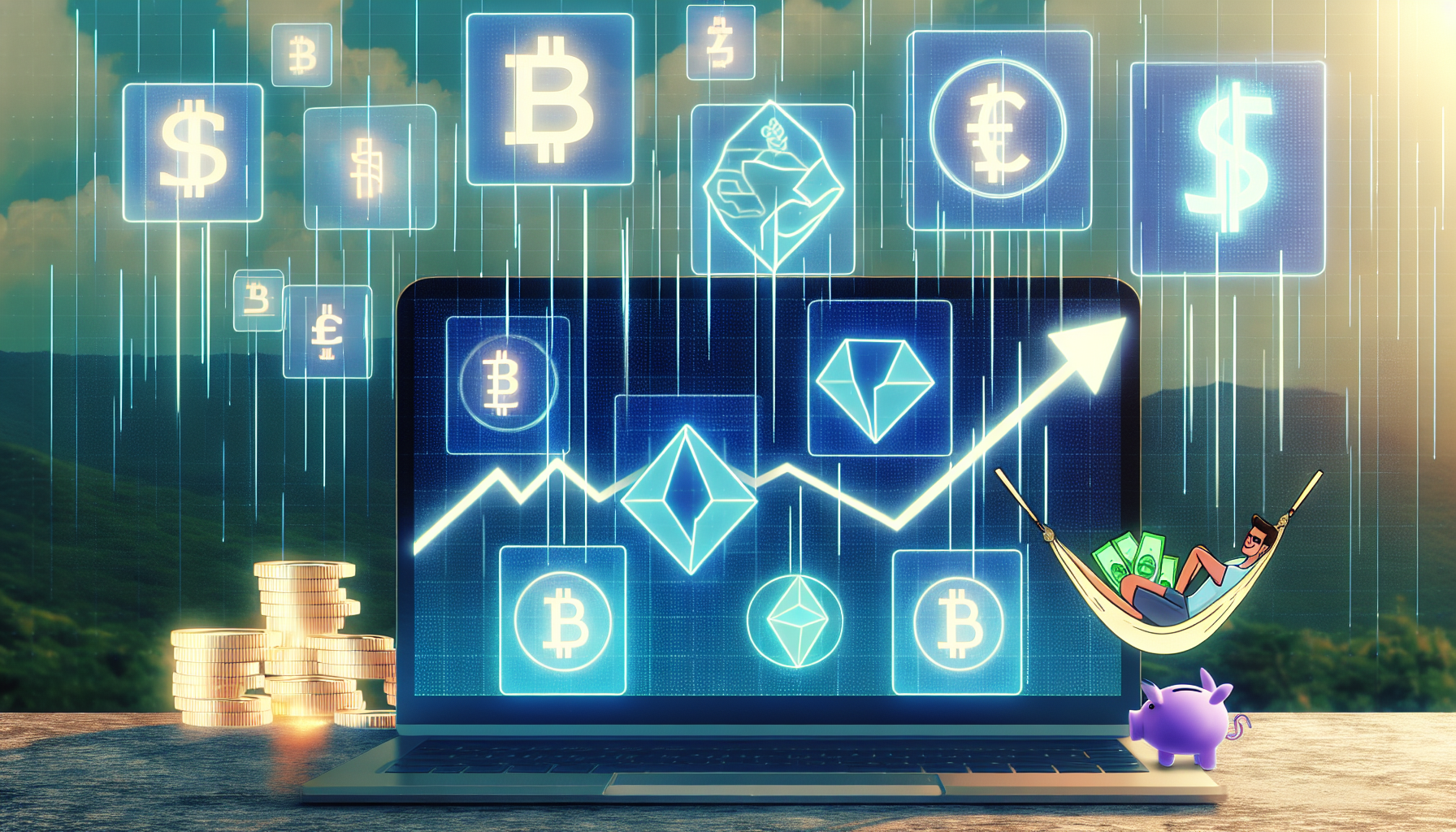 Ein illustratives Konzept zur Generierung von passivem Einkommen mit digitalen VermÃ¶genswerten. Zeigen Sie eine Auswahl digitaler Icons wie KryptowÃ¤hrungen, NFTs und digitale Aktien auf einem Computerbildschirm, die alle einen AufwÃ¤rtstrend im Wert anzeigen. Im Hintergrund sollten subtil Symbole integriert werden, die passives Einkommen reprÃ¤sentieren, wie eine Person, die sich entspannt in einer HÃ¤ngematte mit einem Laptop, Symbole fÃ¼r wiederkehrende GeldflÃ¼sse und digitale MÃ¼nzen, die in ein Sparschwein fallen. Die gesamte AtmosphÃ¤re sollte beruhigend sein und die Ruhe widerspiegeln, die aus erfolgreichen digitalen Investitionen resultiert.