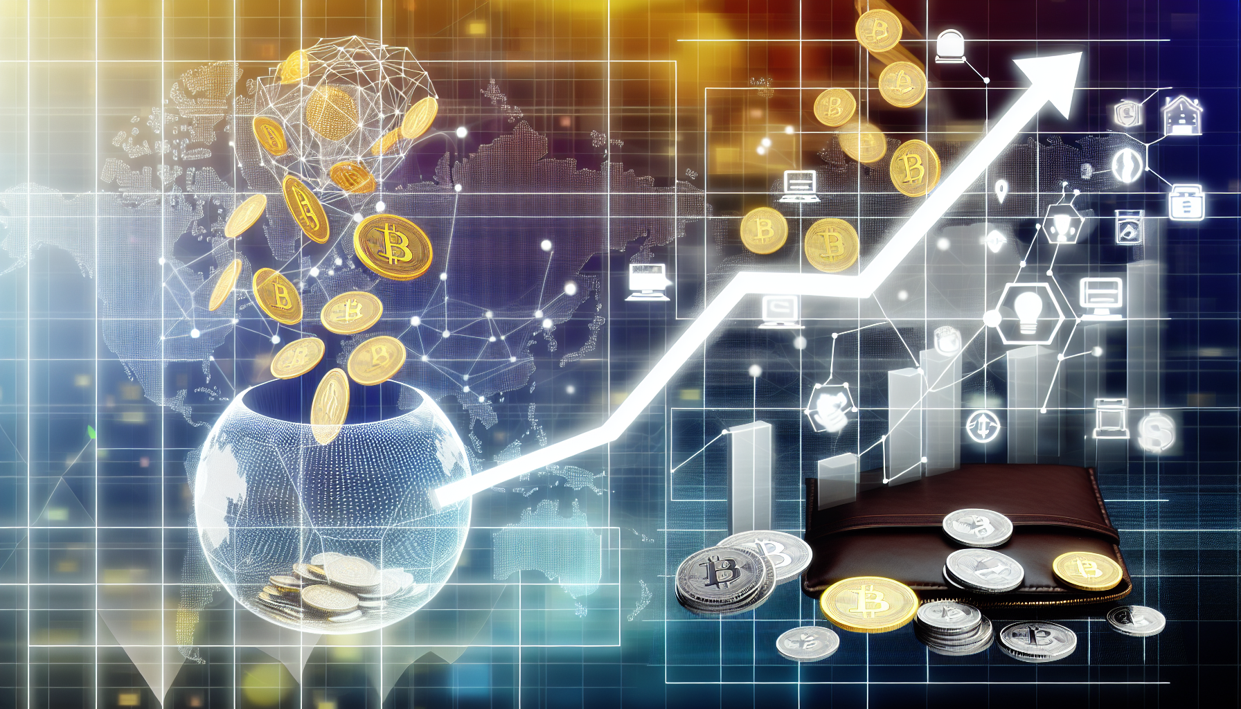 Eine konzeptionelle Darstellung der Generierung von passivem Einkommen mit digitalen VermÃ¶genswerten. Visualisieren Sie einen Fluss von MÃ¼nzen, der KryptowÃ¤hrung darstellt, die aus einem digitalen Globus oder einem Computerbildschirm kommt und in ein anschwellendes Wallet oder Bankkonto eingezahlt wird. Symbole und Diagramme, die mÃ¶glicherweise Online-GeschÃ¤fte, Aktien, virtuelle GÃ¼ter und andere digitale VermÃ¶genswerte reprÃ¤sentieren, sind sichtbar. FÃ¼gen Sie auch ein aufwÃ¤rts gerichtetes Liniendiagramm hinzu, um das Wachstum des Einkommens im Laufe der Zeit zu symbolisieren.