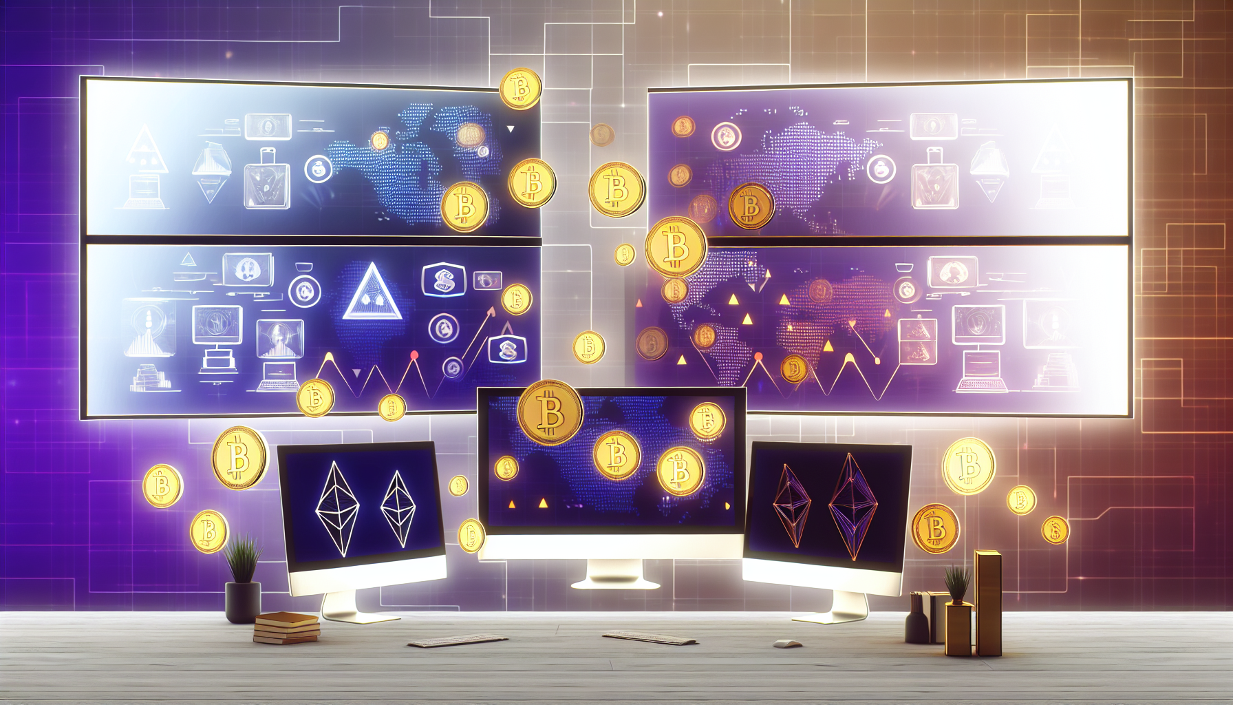 Ein Bild, das das Konzept des passiven Einkommens durch digitale VermÃ¶genswerte darstellt. Zeigen Sie einen eleganten, modernen Arbeitsplatz mit mehreren breiten Computerbildschirmen. Auf den Bildschirmen sollten verschiedene Illustrationen von digitalen VermÃ¶genswerten zu sehen sein: KryptowÃ¤hrungen, digitale Kunst, Online-Aktien, Blockchain-Technologien und mehr. Zwischen diesen Illustrationen sollten eingehende StrÃ¶me von GoldmÃ¼nzen zu sehen sein, die passives Einkommen symbolisieren. Gestalten Sie die Umgebung gemÃ¼tlich und einladend, um das Konzept des Verdienens durch digitale Plattformen positiv zu beleuchten.