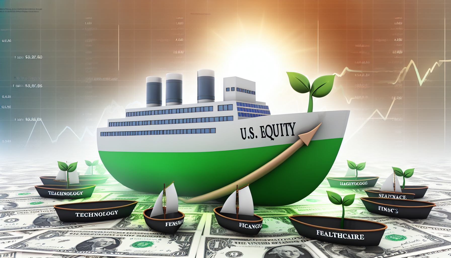 Ein herausragender US-Aktienfonds wird als Illustration dargestellt. Er wird als groÃŸes, robustes Schiff namens 'U.S. Equity' gezeigt, das auf einem Meer aus Dollar-Scheinen in einer geschÃ¤ftsmÃ¤ÃŸigen und ruhigen AtmosphÃ¤re segelt. Das Schiff ist von kleineren Booten umgeben, die nach verschiedenen Sektoren benannt sind, wie Technologie, Gesundheitswesen, Finanzen usw. Um das Konzept des Wachstums zu symbolisieren, gibt es im Hintergrund eine aufgehende Sonne. AuÃŸerdem wachsen grÃ¼ne Ranken vom Schiff aus.