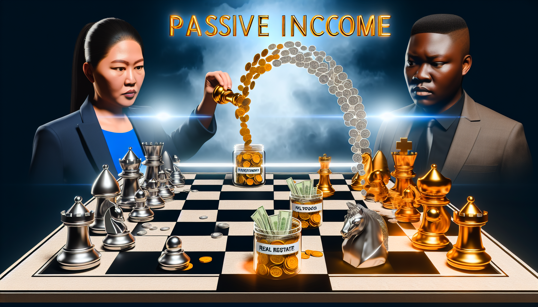 Eine visuelle Darstellung, die das Konzept des passiven Einkommens durch Strategie zeigt. Die Szene zeigt ein groÃŸes Schachbrett mit silbernen und goldenen Figuren. Auf der einen Seite bewegt eine sÃ¼dasianische Frau strategisch den Springer, der die Quellen des passiven Einkommens symbolisiert. Auf der anderen Seite beobachtet ein afrikanischer Mann aufmerksam den Zug, was strategisches Denken reprÃ¤sentiert. Im Hintergrund flieÃŸt ein Strom von MÃ¼nzen vom Schachbrett in mehrere GlÃ¤ser, die mit 'Investitionen', 'Immobilien', 'Aktien' und 'Online-GeschÃ¤ft' beschriftet sind.