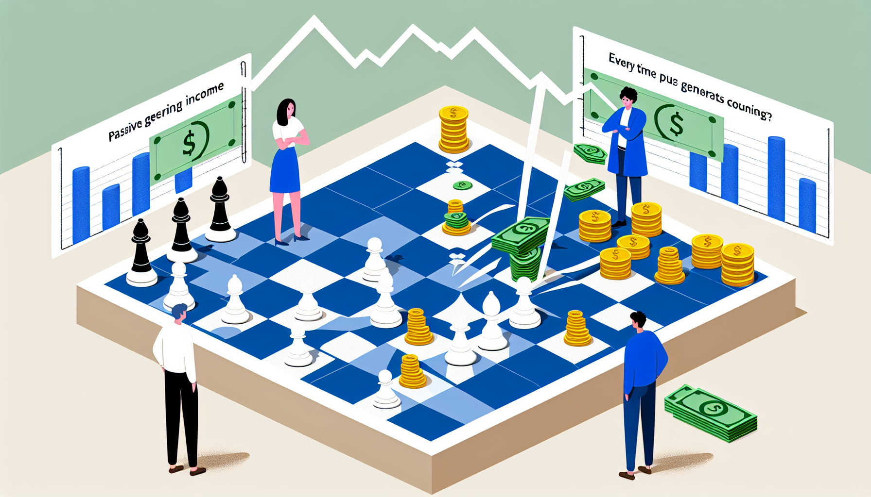 Eine Illustration, die das Konzept des passiven Einkommens durch Strategie darstellt. Die Szene zeigt ein Schachbrett, auf dem die Figuren wie Geld erzeugende Maschinen fungieren. Jedes Mal, wenn eine Figur bewegt wird, generiert sie MÃ¼nzen. Die Schachspieler haben unterschiedliche Abstammungen; einer ist ein sÃ¼dasianischer Mann, der strategisch plant, wÃ¤hrend die andere Spielerin eine kaukasische Frau ist, die das Brett analysiert. Im Hintergrund befindet sich auch ein Diagramm, das eine steile AufwÃ¤rtskurve zeigt, die das Wachstum des Einkommens im Laufe der Zeit symbolisiert.