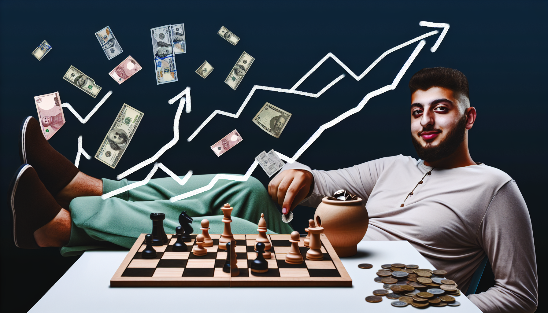 Eine konzeptionelle Darstellung von passivem Einkommen durch Strategie. Eine entspannte Person sitzt an einem strategischen Spielbrett, mÃ¶glicherweise Schach, wÃ¤hrend MÃ¼nzen oder Geldscheine in einen Becher oder einen Sparschwein fallen. Die Strategie des Spielers kann durch vorausschauende Linien auf dem Brett hervorgehoben werden, die Weitblick und Planung anzeigen. Der Spieler kÃ¶nnte ein mittelÃ¶stlicher Mann mit kurzen Haaren in lÃ¤ssiger Kleidung sein.