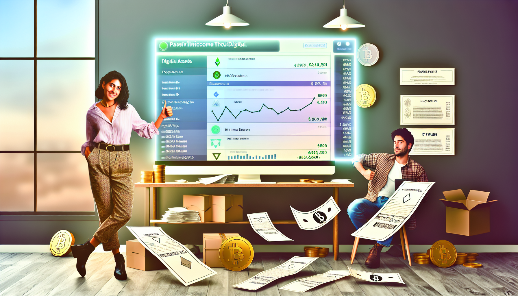 Ein Bild, das das Konzept des passiven Einkommens durch digitale VermÃ¶genswerte veranschaulicht. Der zentrale Fokus liegt auf einem Computerbildschirm, der eine beliebte Online-BÃ¶rse zeigt. Der Bildschirm zeigt verschiedene digitale WÃ¤hrungen wie Bitcoin und Ethereum sowie mehrere NFT-Kunstwerke. Auf dem Tisch vor dem Computer liegen mehrere Quittungen, die den Nachweis von Dividenden und Transaktionen fÃ¼r passives Einkommen zeigen. Der Raum ist sanft beleuchtet und hat eine moderne, gemÃ¼tliche AtmosphÃ¤re. Eine Frau aus dem Nahen Osten in ihren frÃ¼hen 30ern lehnt selbstbewusst von einer Seite in die Szene und gibt einen Daumen hoch, wÃ¤hrend auf der anderen Seite ein sÃ¼dasianischer Mann entspannt eine Tasse Kaffee trinkt. Beide tragen legere, moderne Kleidung.