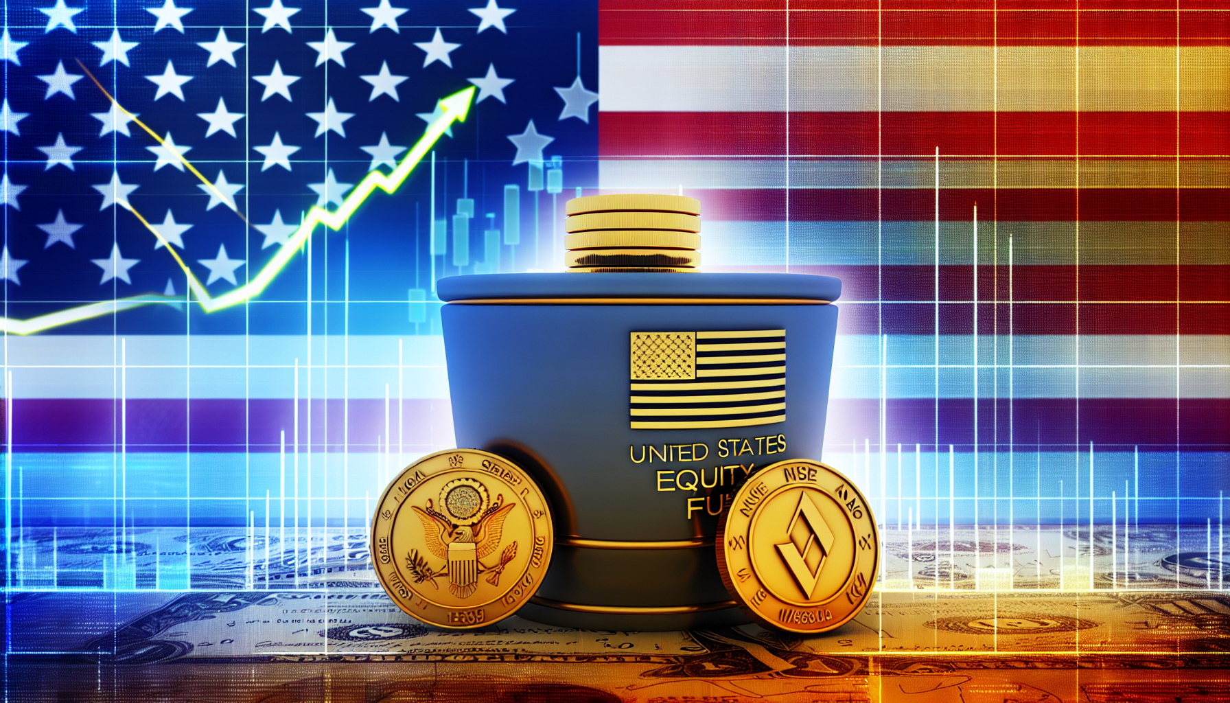 Eine visuelle Darstellung eines US-Aktienfonds, konzipiert als ein riesiger Topf voller GoldmÃ¼nzen, wobei einige besonders groÃŸe MÃ¼nzen die Symbole der NYSE und NASDAQ tragen. Der Hintergrund zeigt eine stilisierte Flagge der Vereinigten Staaten, und der Topf steht auf einem Tisch, der mit GeschÃ¤ftsgrafiken und Diagrammen geschmÃ¼ckt ist, die eine aufsteigende Tendenz zeigen.