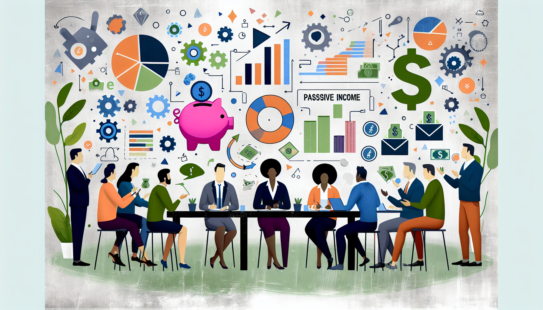 Ein illustrierendes Konzeptbild, das den Prozess des Verdienens von passivem Einkommen durch strategische Planung darstellt. Die primÃ¤ren visuellen Elemente umfassen eine vielfÃ¤ltige Gruppe von Individuen, sowohl mÃ¤nnlich als auch weiblich, aus verschiedenen Abstammungen wie kaukasisch, schwarz, sÃ¼dasiatisch, hispanisch und nahÃ¶stlich, die alle um einen groÃŸen Tisch sitzen und Strategien diskutieren. Sie sind umgeben von Symbolen fÃ¼r wirtschaftliches Wachstum und Erfolg wie Diagrammen, Grafiken, Sparschweinen und Bargeld. Die AtmosphÃ¤re ist geprÃ¤gt von einem GefÃ¼hl der Zusammenarbeit und Innovation.