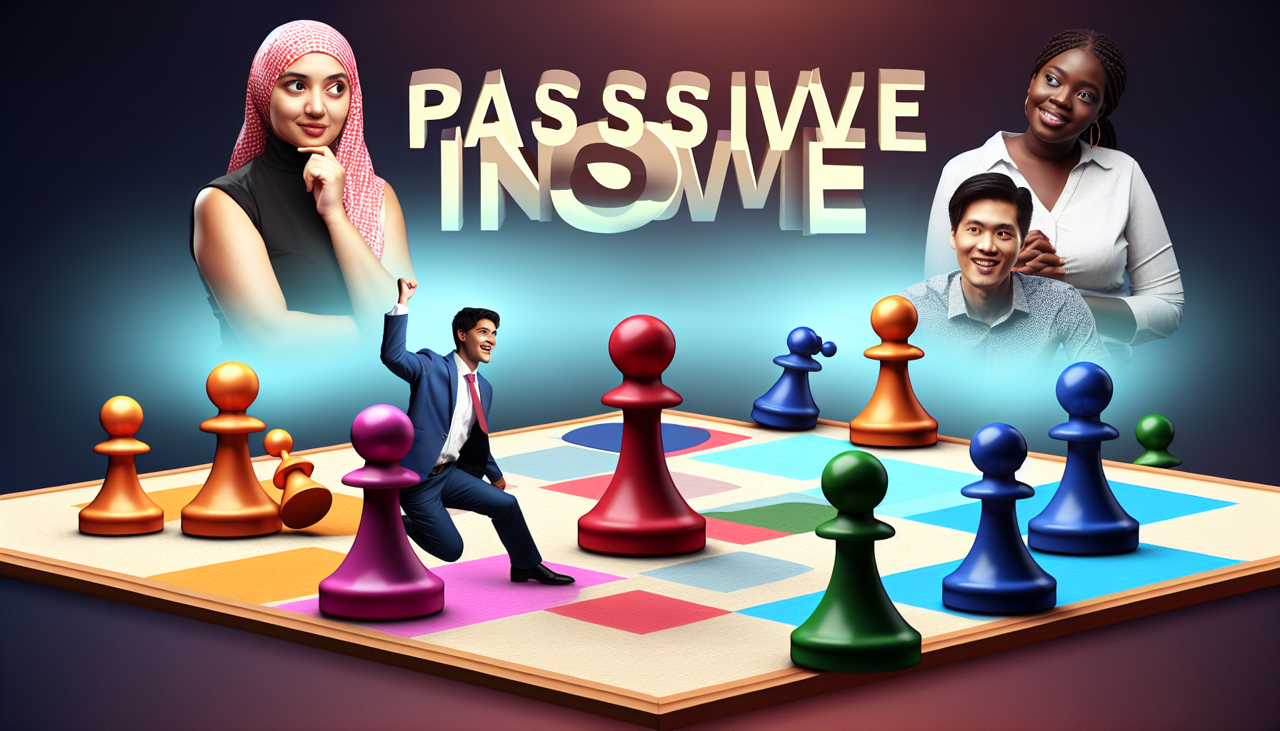 Visualisieren Sie ein Konzept von passivem Einkommen, das durch strategische Planung generiert wird. Stellen Sie sich eine lebendige Szene vor, in der ein detailliertes Brettspiel den Finanzmarkt darstellt. Unterschiedlich gefÃ¤rbte Spielfiguren reprÃ¤sentieren verschiedene EinkommensstrÃ¶me, und einige von ihnen bewegen sich autonom, was passives Einkommen symbolisiert. Jeder Charakter in diesem Spiel ist einzigartig und vielfÃ¤ltig: Eine Frau aus dem Nahen Osten denkt nachdenklich Ã¼ber ihren nÃ¤chsten Zug nach, wÃ¤hrend ein Mann aus SÃ¼dasien aufgeregt seine Spielfigur bewegt. Eine schwarze Frau lÃ¤chelt selbstbewusst, wÃ¤hrend sie sich zurÃ¼cklehnt und die 'Einkommens'-Figuren automatisch bewegen lÃ¤sst. Die Szene deutet auf Strategie, FleiÃŸ und kluge finanzielle Entscheidungen hin, die zu einem stabilen und wachsenden passiven Einkommen fÃ¼hren.