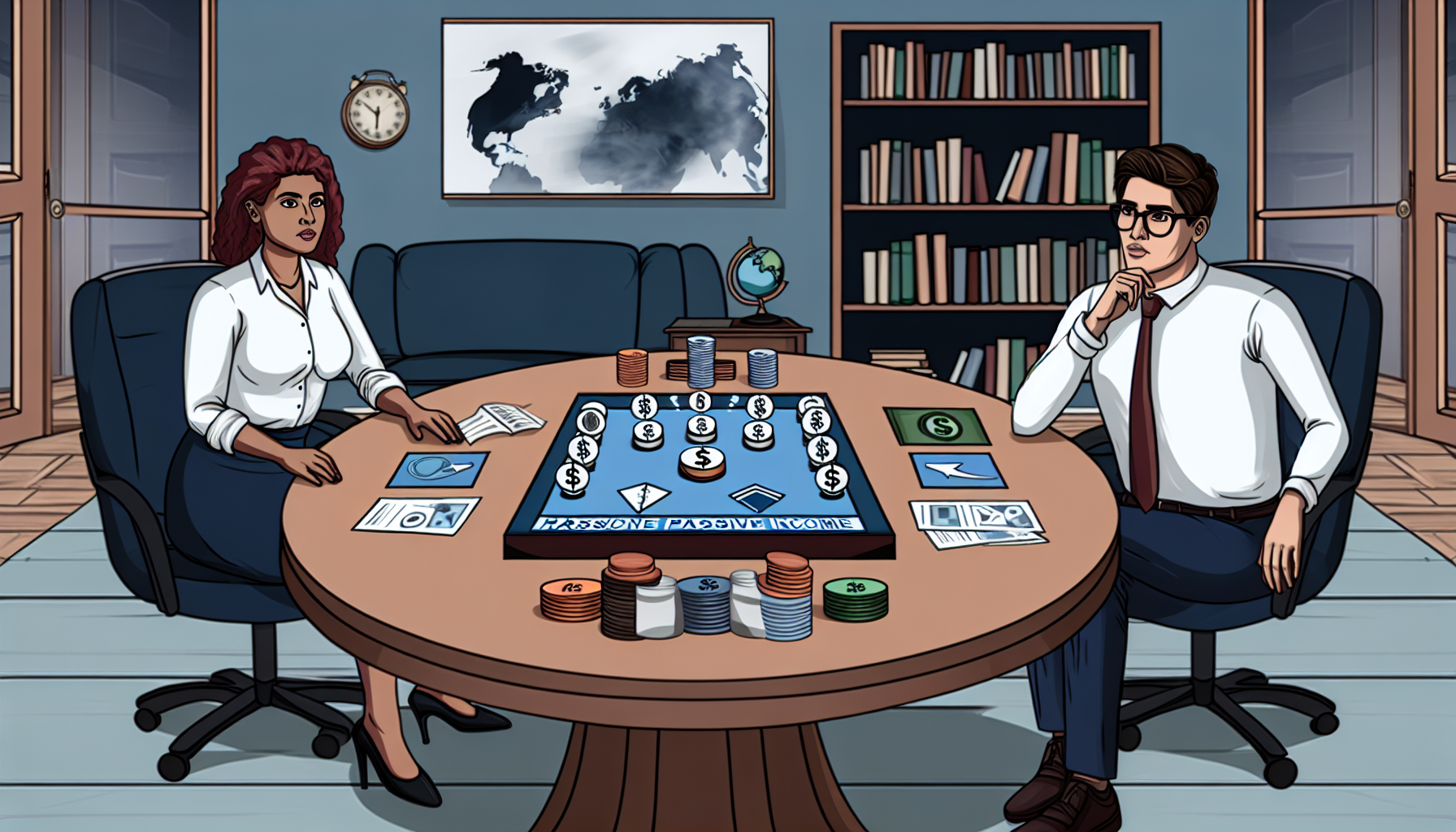 Eine Illustration zeigt eine hispanische Frau und einen kaukasischen Mann, die an einem runden Tisch sitzen und ein strategisches Brettspiel spielen, das passives Einkommen symbolisiert. Beide planen sorgfÃ¤ltig ihre ZÃ¼ge und ziehen alle Optionen in Betracht. Die Elemente des Brettspiels umfassen verschiedene Einkommensquellen wie Immobilien, Aktien und digitale VermÃ¶genswerte. Die RaumatmosphÃ¤re sollte ihren professionellen Status unterstreichen, mit BÃ¼cherregalen, die mit wirtschaftlicher und investitionsbezogener Literatur gefÃ¼llt sind, einem Globus und abstrakter Kunst an den WÃ¤nden. Die Stimmung der Szene kÃ¶nnte ernsthaft, aber voller MÃ¶glichkeiten sein.