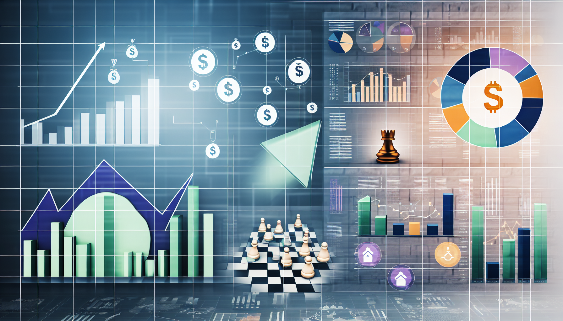 Ein Bild, das das Konzept des passiven Einkommens durch strategische Investitionen veranschaulicht. Die Szene sollte ein Dashboard mit verschiedenen finanziellen Grafiken und Diagrammen zeigen. FÃ¼gen Sie Symbole fÃ¼r Analysen hinzu, wie z. B. aufsteigende Trendpfeile, Tortendiagramme und Balkendiagramme. Daneben sollte ein zusammengesetztes Bild verschiedener Einkommensquellen wie Immobilien, Dividendenaktien und einem Online-GeschÃ¤ft zu sehen sein. MÃ¶glicherweise ein weiteres Element, um den strategischen Aspekt anzuzeigen, wie ein Schachbrett oder eine Strategiekarte.