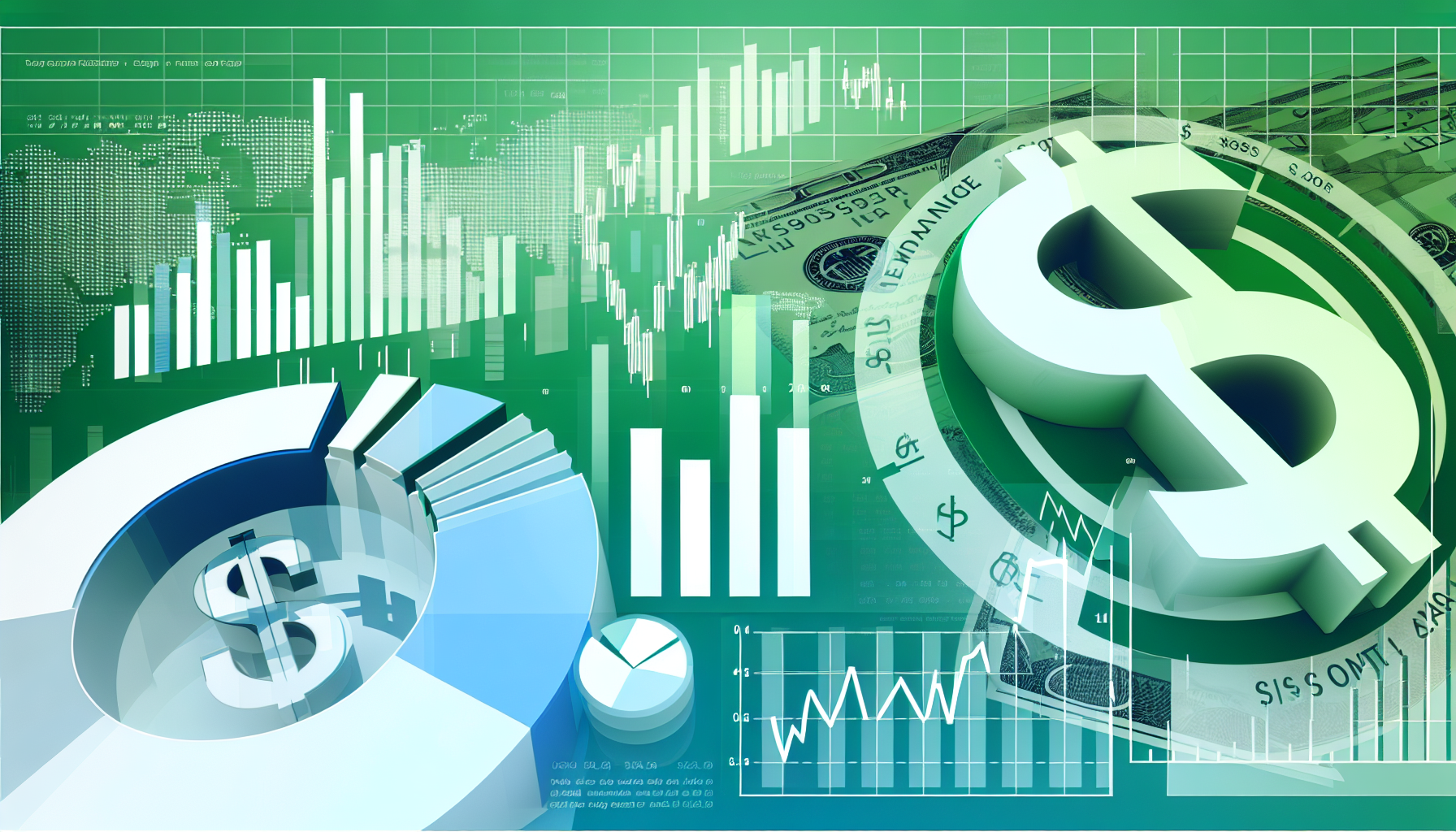 Eine Illustration eines amerikanischen Aktienfondsportfolios. Das Bild zeigt eine Vielzahl unterschiedlicher Aktien, dargestellt durch Balkendiagramme und Tortendiagramme, neben Symbolen der amerikanischen Finanzwelt, wie dem Dollarzeichen und der Wall Street. Die Farbpalette wird von GrÃ¼n, Blau und WeiÃŸ dominiert, was Wachstum, StabilitÃ¤t und Transparenz symbolisiert. Auf der rechten Seite befindet sich ein Diagramm, das den Fortschritt der Fonds Ã¼ber die letzten 10 Jahre zeigt.