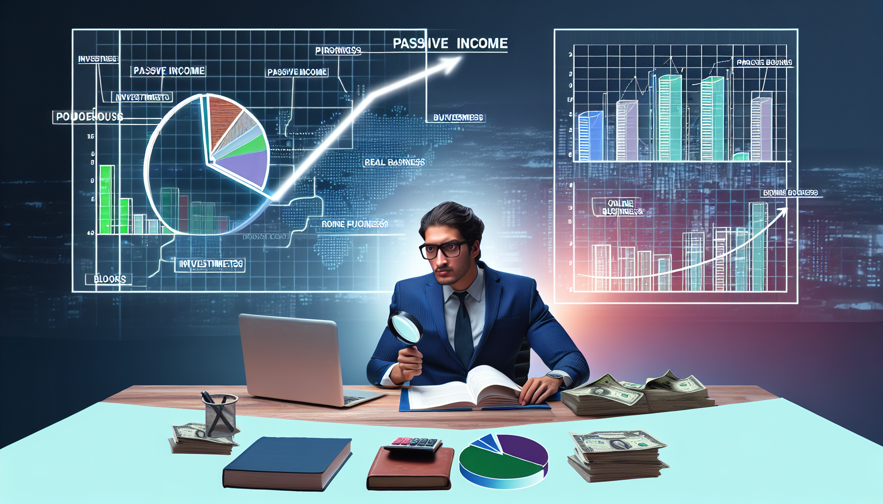 Eine illustrative Darstellung einer passiven Einkommensstrategie. Zeigen Sie ein detailliertes Diagramm, das verschiedene Quellen passiven Einkommens darstellt, wie Investitionen in Aktien, Anleihen, Immobilien, Online-GeschÃ¤fte und BÃ¼cher. Stellen Sie eine Person mittleren Ostens dar, die an einem modernen Schreibtisch sitzt, der mit einem Laptop, einem Taschenrechner und Grafiken, die Wachstum anzeigen, gefÃ¼llt ist. Die Person sollte in Business-Casual-Kleidung gekleidet sein und eine Lupe halten, um ein Diagramm mit einem AufwÃ¤rtstrend zu untersuchen.