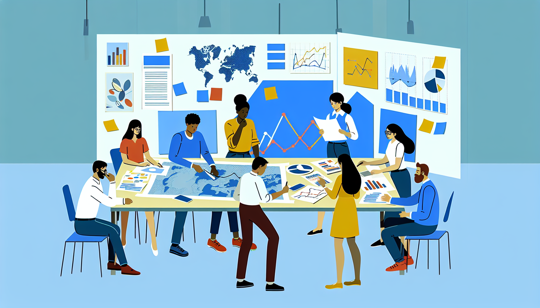 Eine Illustration einer vielfÃ¤ltigen Gruppe von Menschen, die eine effektive Strategie zur Generierung von passivem Einkommen umsetzen. Sie sind um einen groÃŸen Tisch versammelt, der mit Karten, Diagrammen und Dokumenten bedeckt ist. Eine Person, ein kaukasischer Mann, erklÃ¤rt etwas auf einem Diagramm, wÃ¤hrend eine hispanische Frau Notizen macht. Eine asiatische Frau studiert ein Dokument, und ein schwarzer Mann diskutiert etwas mit einem sÃ¼dasiatischen Mann. Im Hintergrund ist eine Wand mit Haftnotizen und Diagrammen gefÃ¼llt. Die Szene vermittelt Teamarbeit, Planung und sorgfÃ¤ltige AusfÃ¼hrung.
