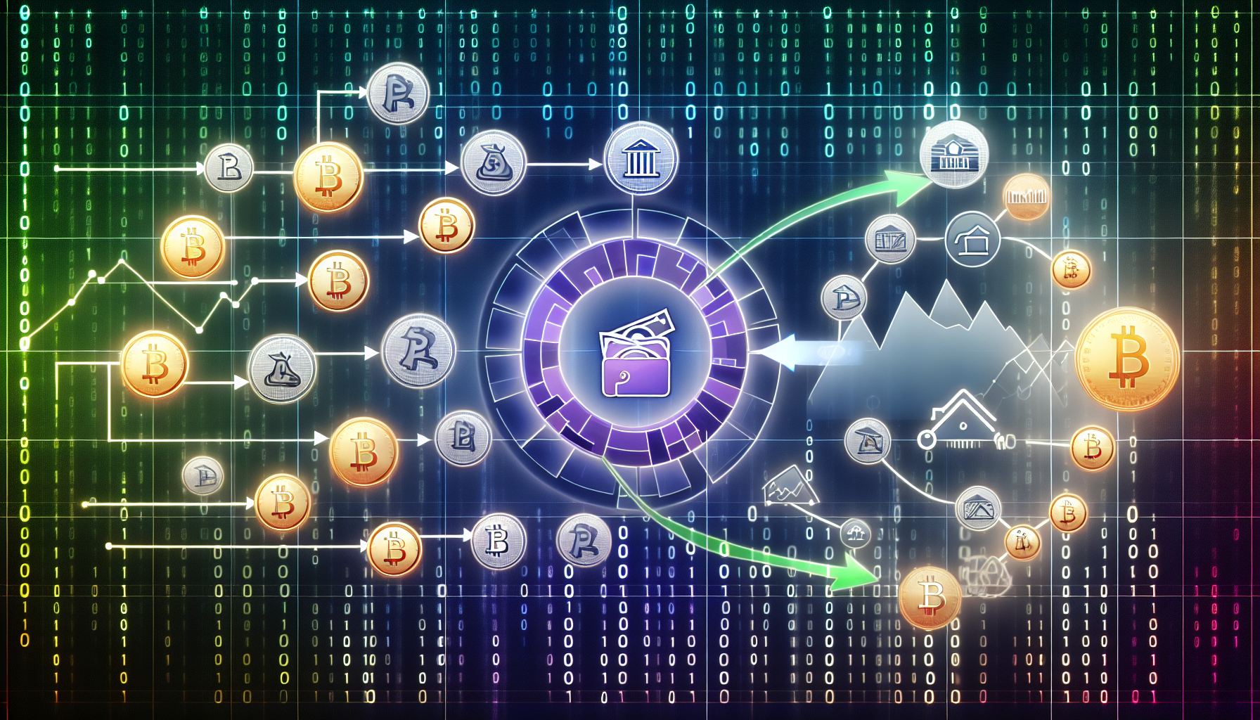 Eine visuelle Darstellung von passivem Einkommen durch digitale Vermögenswerte. Stellen Sie sich eine vielfältige Sammlung digitaler Symbole vor, die verschiedene Arten von digitalen Vermögenswerten repräsentieren, wie Kryptowährungs-Münzen, NFT-Kunst, Aktien und Immobilien-Token. Diese digitalen Vermögenswerte sind in einem Kreis angeordnet, mit Linien, die zu einer zentralen Brieftasche fließen, um einen konstanten finanziellen Zufluss zu symbolisieren. Im Hintergrund sind binäre Zahlen zu sehen, um die digitale Natur dieser Vermögenswerte hervorzuheben. An der Seite ist ein wachsendes Diagramm dargestellt, um das potenzielle Wachstum des passiven Einkommens zu repräsentieren.