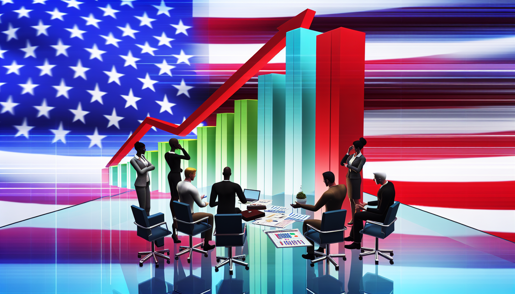 Eine detaillierte Darstellung des Konzepts von US-Aktienfonds, visualisiert als ein groÃŸes, lebhaftes Balkendiagramm, das vor dem Hintergrund einer amerikanischen Flagge emporsteigt. Im Vordergrund analysiert eine vielfÃ¤ltige Gruppe von GeschÃ¤ftsleuten, darunter ein kaukasischer Mann, eine schwarze Frau, ein hispanischer Mann und eine weibliche Person mit mittlerer Herkunft, die Daten und fÃ¼hrt eine Diskussion. Die Szene wird ergÃ¤nzt durch verschiedene Finanzdokumente, die Ã¼ber einen modernen Glastisch verstreut sind.
