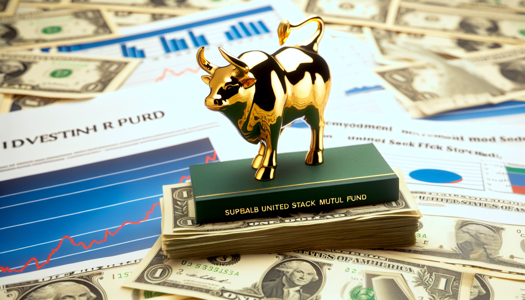 Ein hervorragender US-Aktien-Mischfonds. Im Vordergrund ein Haufen US-Dollar, im Hintergrund Stapel von Investitionsberichten. Auf den Berichten sind Grafiken und Diagramme mit positiven Wachstumstrends deutlich zu sehen. Ein glÃ¤nzender goldener Bulle, als Symbol fÃ¼r einen bullischen Markt, steht auf dem Geldhaufen und zeigt die starke Leistung des Fonds an.