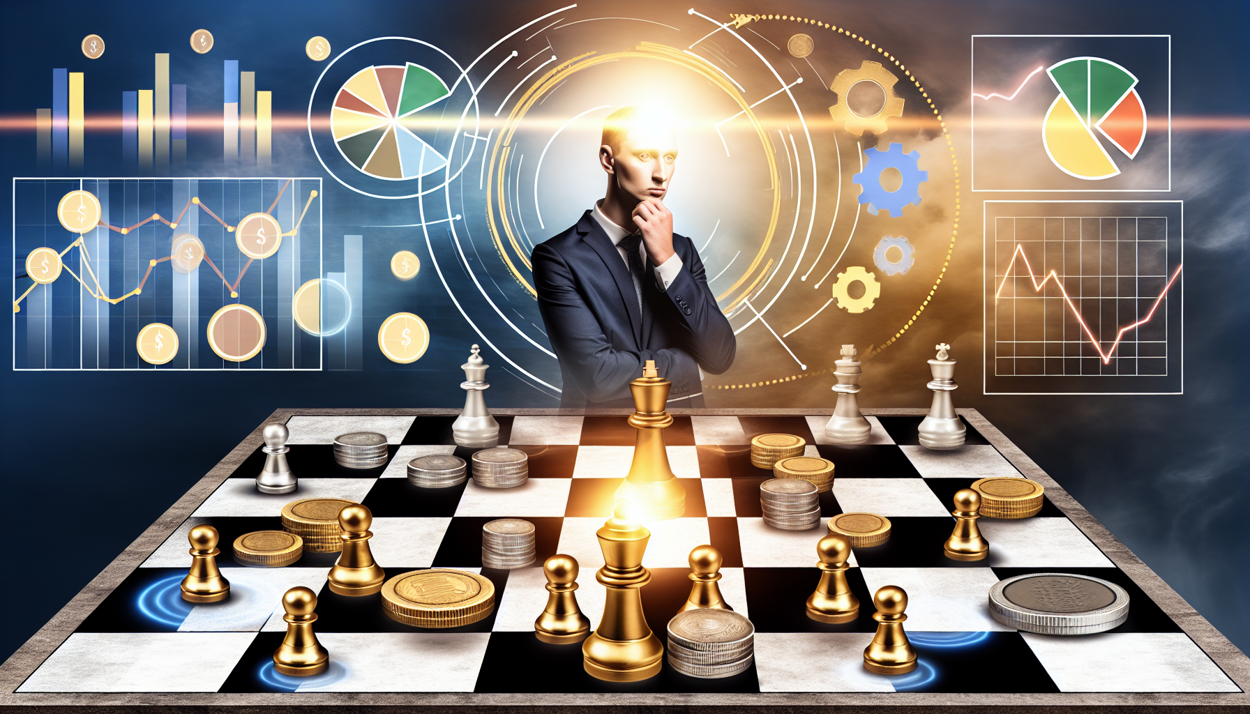 Eine abstrakte Darstellung von passivem Einkommen durch Strategie. In der Mitte befindet sich ein Schachbrett, auf dem Schachfiguren als Gold- und Silberm&Atilde;&frac14;nzen fungieren. Diese Figuren sind strategisch angeordnet und signalisieren ein laufendes Spiel. Auf einer Seite des Brettes sehen wir einen wei&Atilde;Ÿh&Atilde;&curren;utigen Mann, der smart gekleidet ist und &Atilde;&frac14;ber seinen n&Atilde;&curren;chsten Zug nachdenkt, was Strategie verk&Atilde;&para;rpert. Verschiedene Grafiken, Tortendiagramme und Wachstumslinien, die Fortschritt und profitable Investitionen darstellen, bilden einen Heiligenschein um das Schachbrett. Ein starkes, goldenes Licht erhellt die Szene und symbolisiert Wohlstand und finanzielles Wachstum.