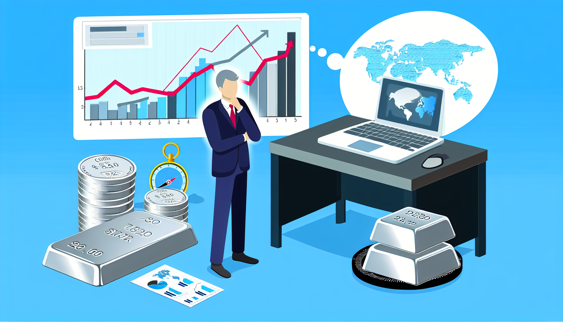 Eine Illustration, die das Konzept des strategischen Kaufs von Silber darstellt. Ein Tisch mit einem strategischen Plan, der aus Finanzgrafiken, einem Stapel Silberbarren, einer Karte mit globalen Silberminen und einem Kompass besteht. Auf der einen Seite steht eine Person, ein kaukasischer Mann in formeller Kleidung, vertieft in Gedanken. In der NÃ¤he zeigt sein Computerbildschirm ein Diagramm, das den Preis von Silber im Laufe der Zeit verfolgt.
