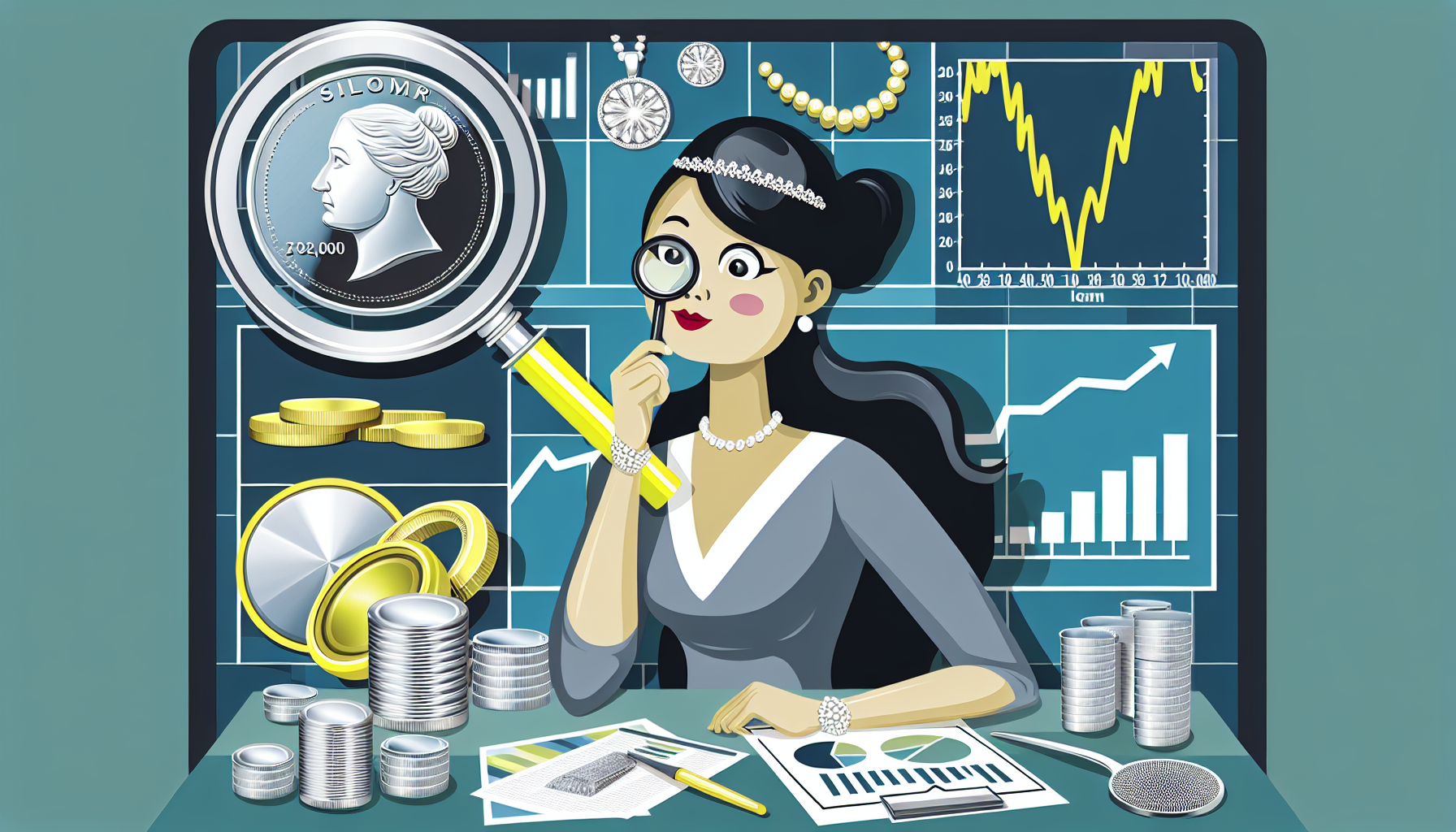 Eine Illustration eines versierten Investors, der eine Strategie zum Kauf von Silber zeigt. Die Investorin, eine asiatische Frau in eleganter GeschÃ¤ftskleidung, wird dargestellt, wie sie mit einer Lupe eine groÃŸe Silberbarren-MÃ¼nze studiert. Diagramme und Grafiken, die Silberpreise und Datenanalysen anzeigen, sind Ã¼ber ihren Schreibtisch verteilt und deuten auf grÃ¼ndliche Recherchen hin. Im Hintergrund sind verschiedene andere SilbergegenstÃ¤nde, wie Schmuck und Utensilien, zu sehen, die die Vielfalt der Silberinvestitionen reprÃ¤sentieren.