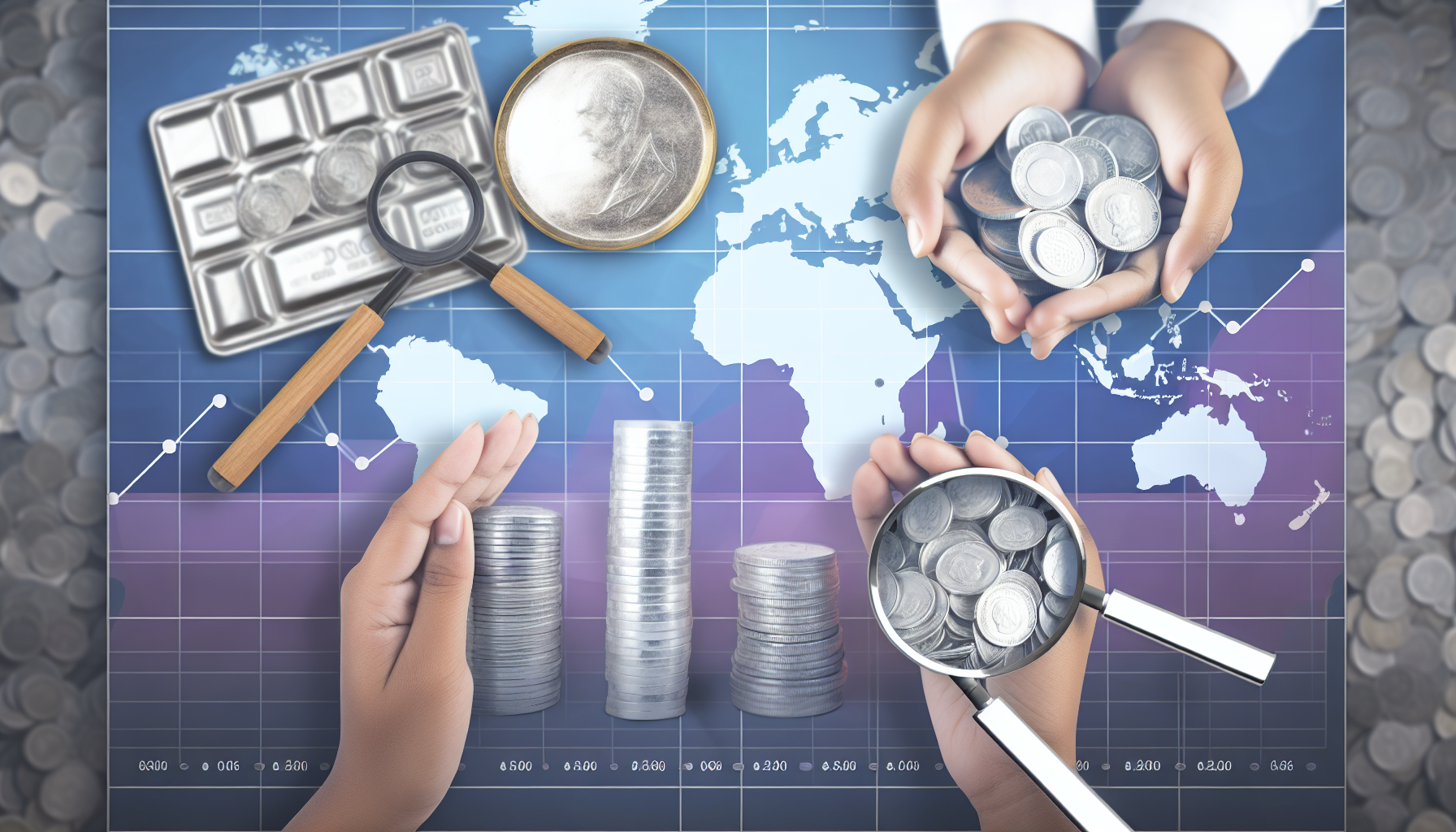 Eine visuelle Darstellung von Wachstum und Strategie beim Kauf von Silber. Im Vordergrund halten zwei H&Atilde;&curren;nde eine Sammlung von Silberm&Atilde;&frac14;nzen und -barren. Im Hintergrund ist eine strategische Karte mit verschiedenen Werkzeugen wie einer Lupe, einem Kompass und einigen Markierungen darauf zu sehen. Sie symbolisiert die informierte Entscheidungsfindung und die sorgf&Atilde;&curren;ltige Planung, die mit Investitionen in Edelmetalle verbunden sind.