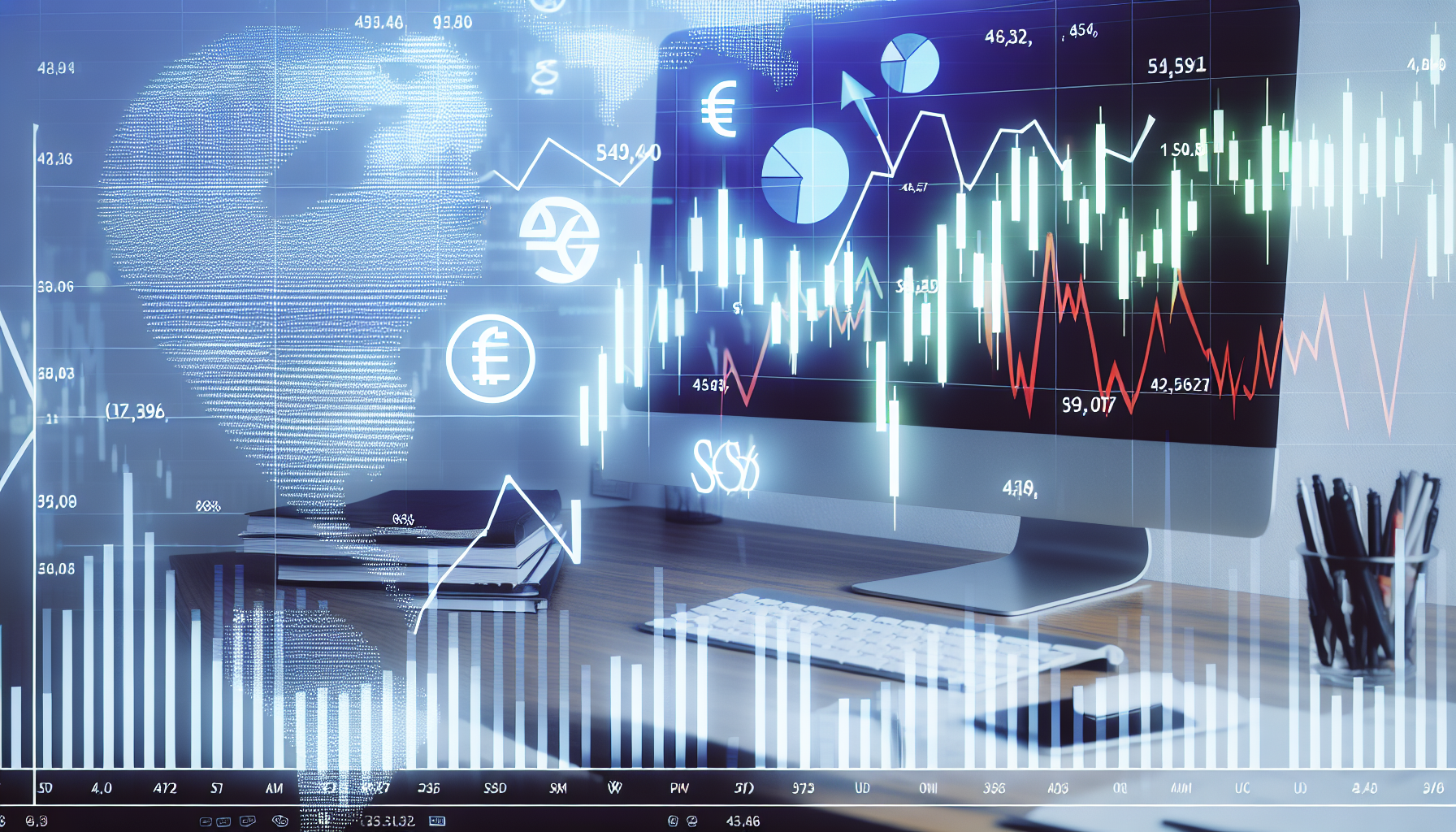 Stellen Sie sich ein Bild eines Aktienmarkt-Diagramms vor, das die Leistung und den Trend von US-Aktienfonds zeigt. Das Diagramm sollte verschiedene Hoch- und Tiefpunkte Ã¼ber einen bestimmten Zeitraum darstellen. Im Hintergrund sollten Symbole wirtschaftlicher AktivitÃ¤ten integriert sein, wie WÃ¤hrungssymbole, Balkendiagramme, Tortendiagramme und Infografiken. Die gesamte Umgebung sollte professionell wirken, mÃ¶glicherweise ein Handelsraum oder ein BÃ¼ro eines Finanzanalysten, mit Computerbildschirmen, die die Aktienmarktdaten anzeigen.
